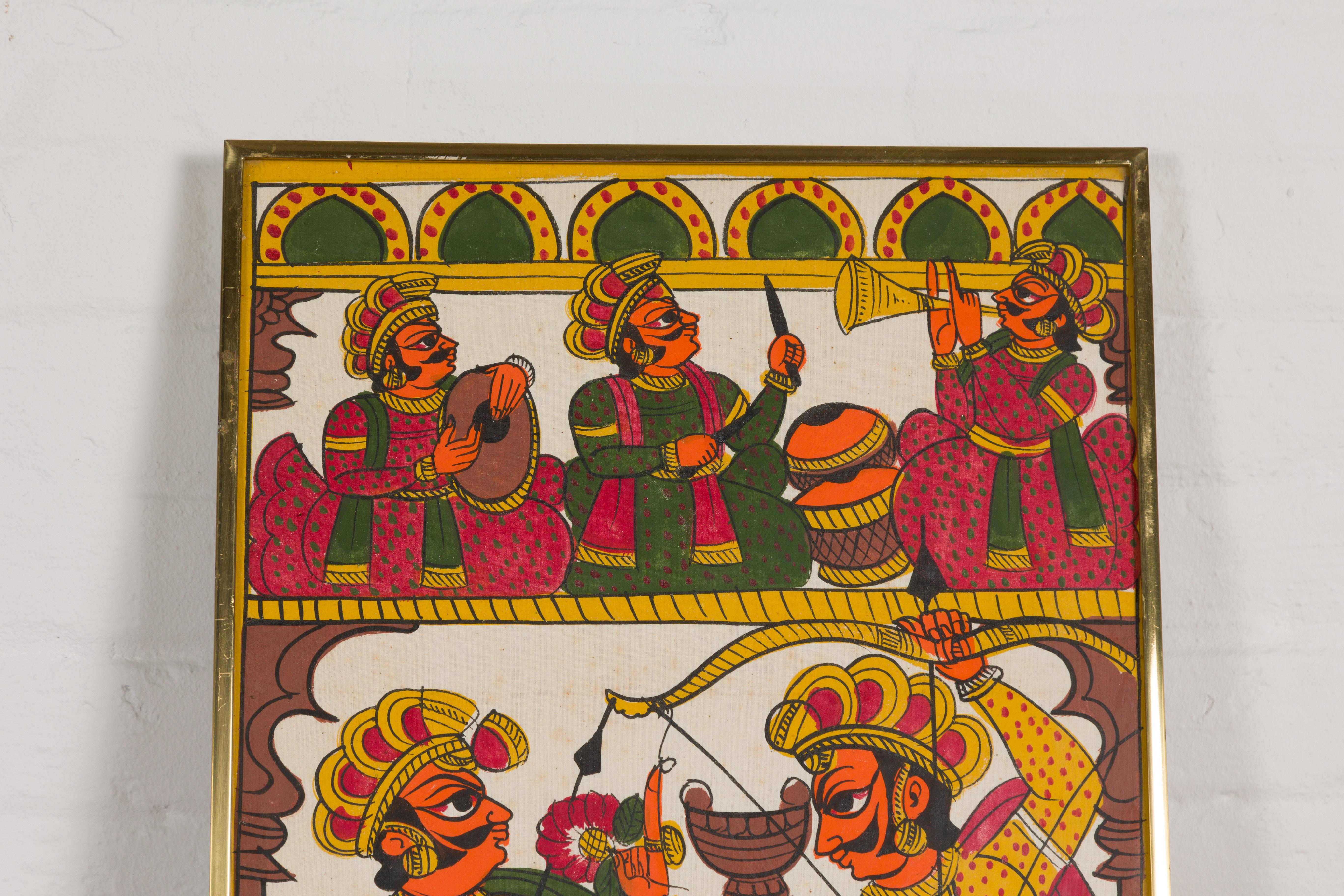 Antikes handbemaltes indisches Volkskunstgemälde mit Musikern und Bogenschützen (Indisch) im Angebot
