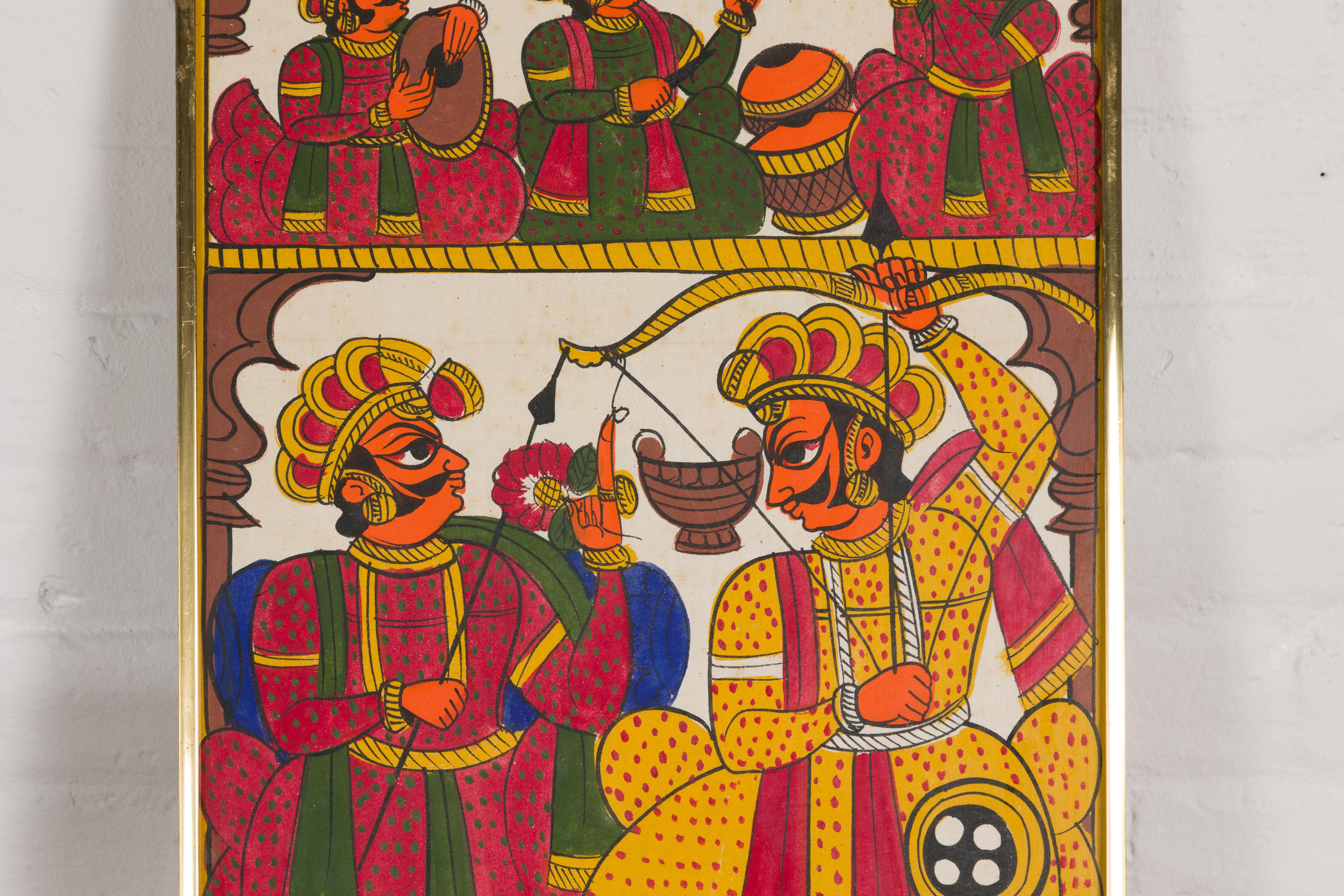 Antique Hand Painted Indian Folk Art Painting Depicting Musicians and Archers In Good Condition For Sale In Yonkers, NY