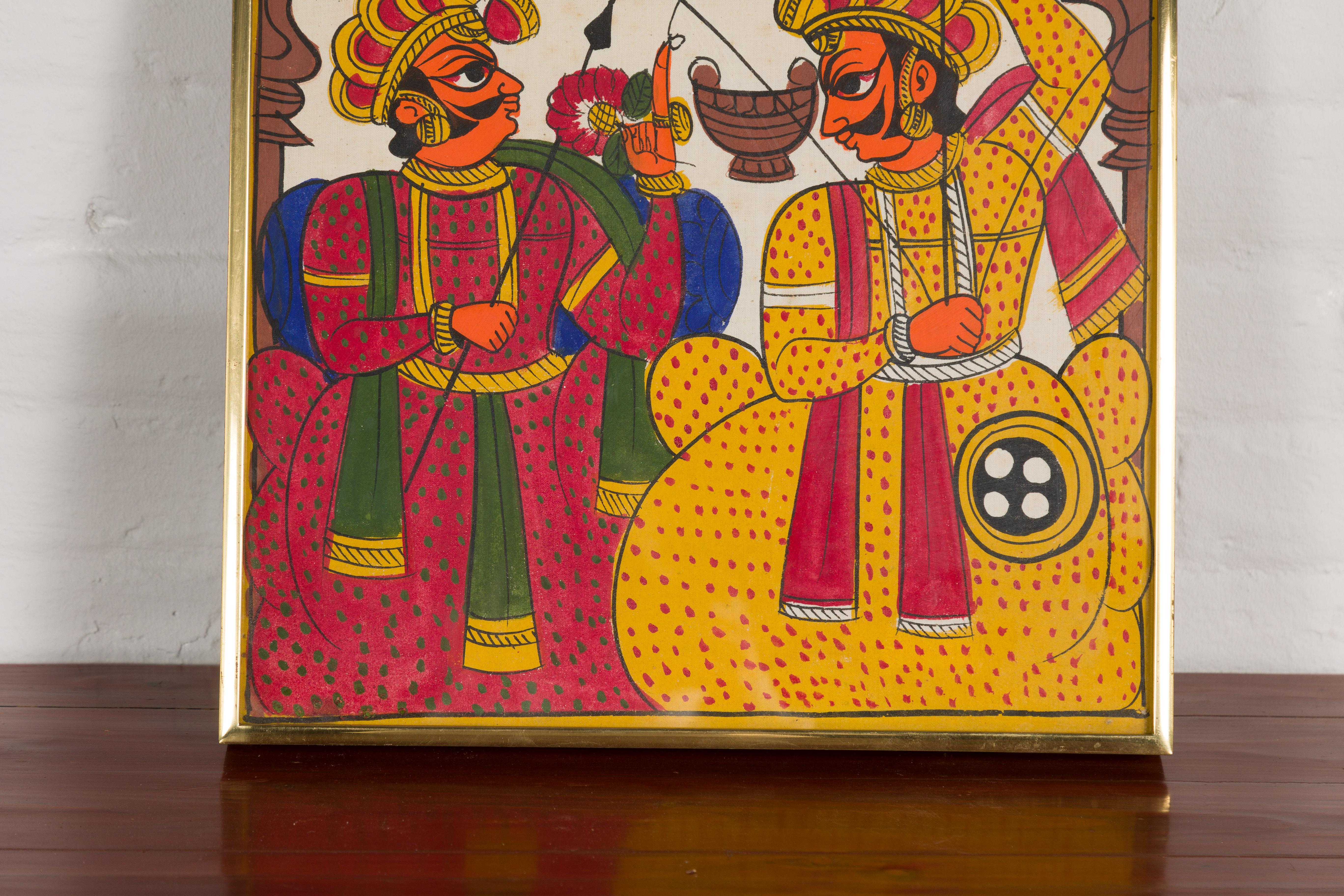 Antikes handbemaltes indisches Volkskunstgemälde mit Musikern und Bogenschützen im Zustand „Gut“ im Angebot in Yonkers, NY