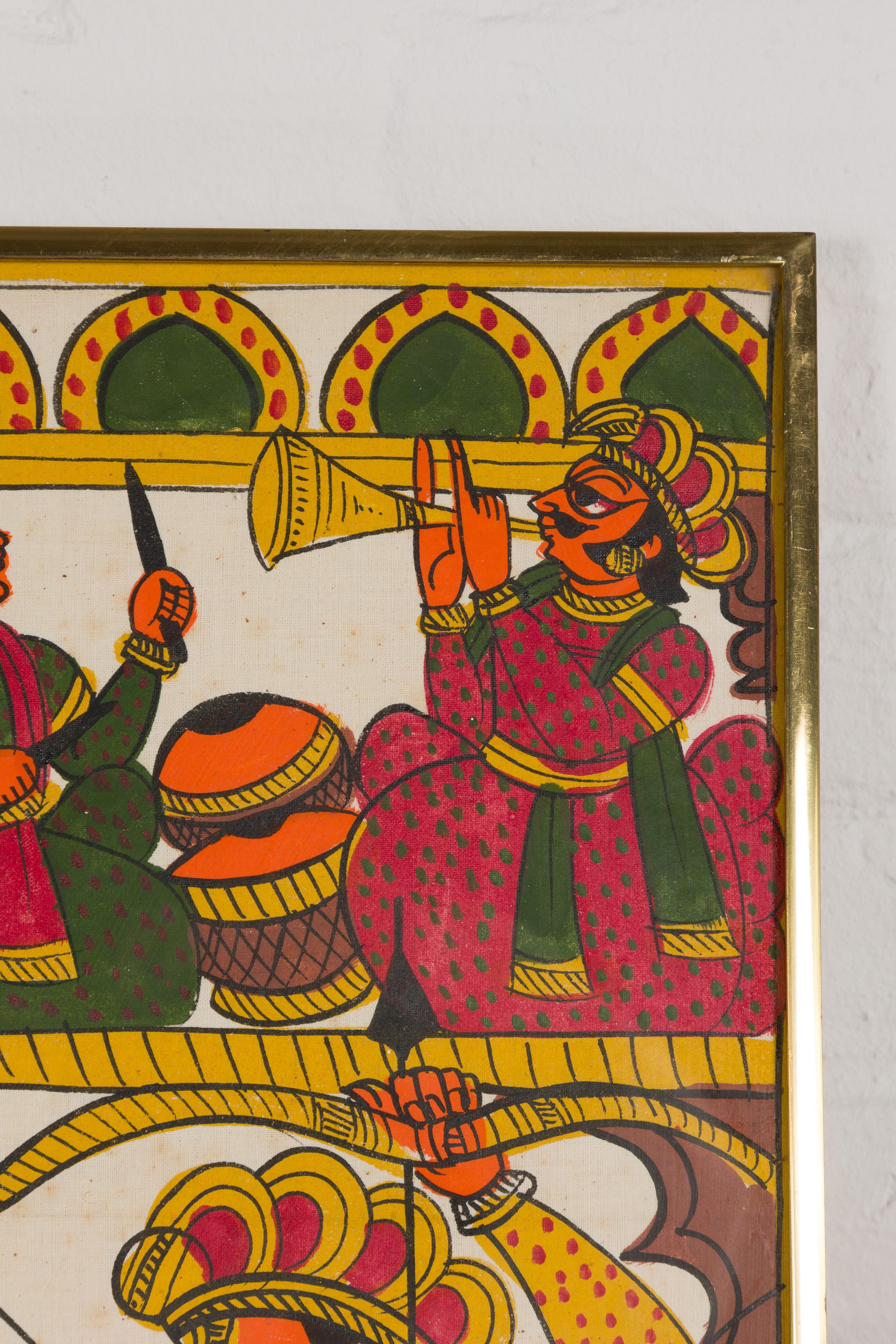 Brass Antique Hand Painted Indian Folk Art Painting Depicting Musicians and Archers For Sale