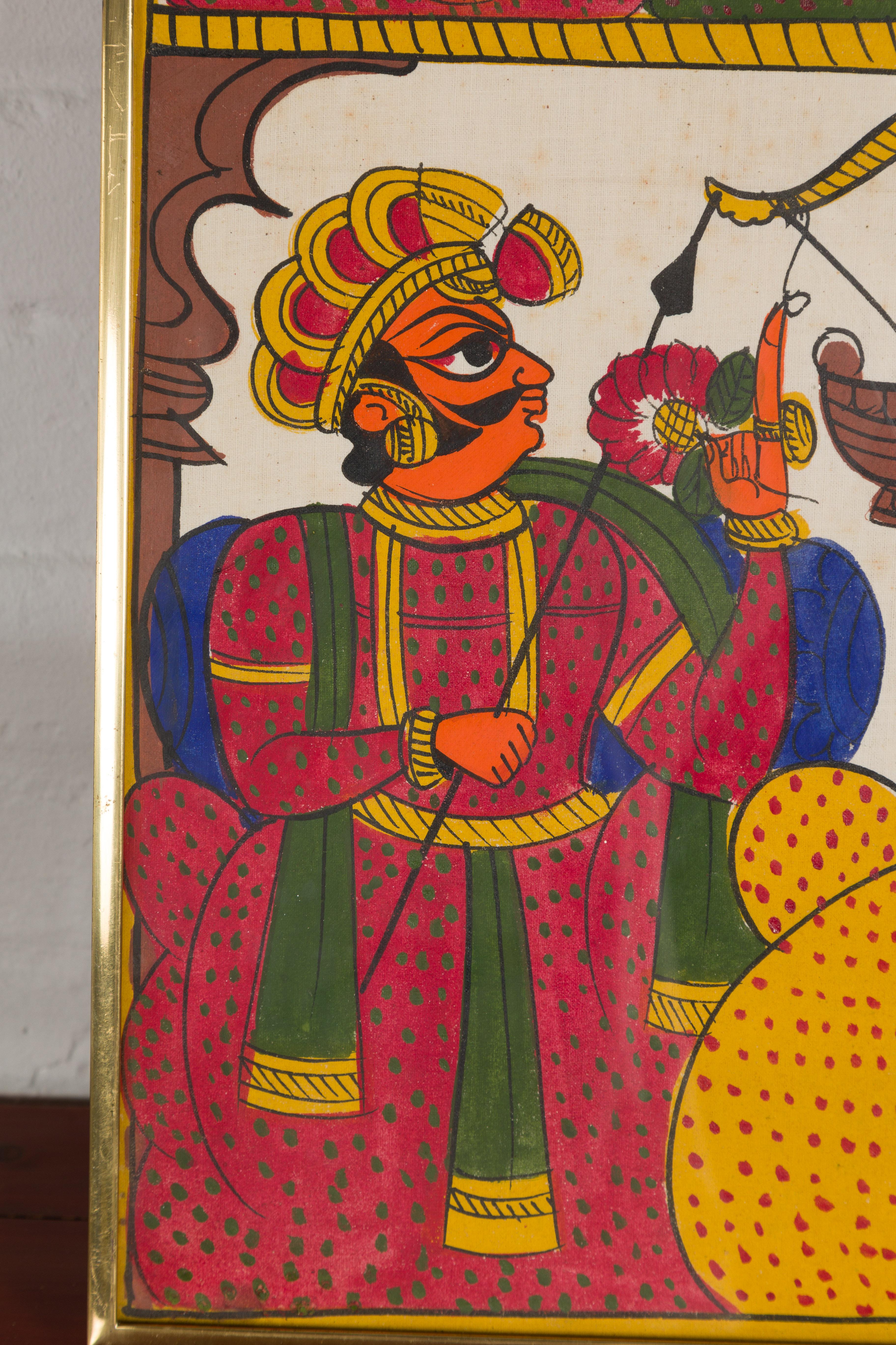 Antique Hand Painted Indian Folk Art Painting Depicting Musicians and Archers For Sale 2