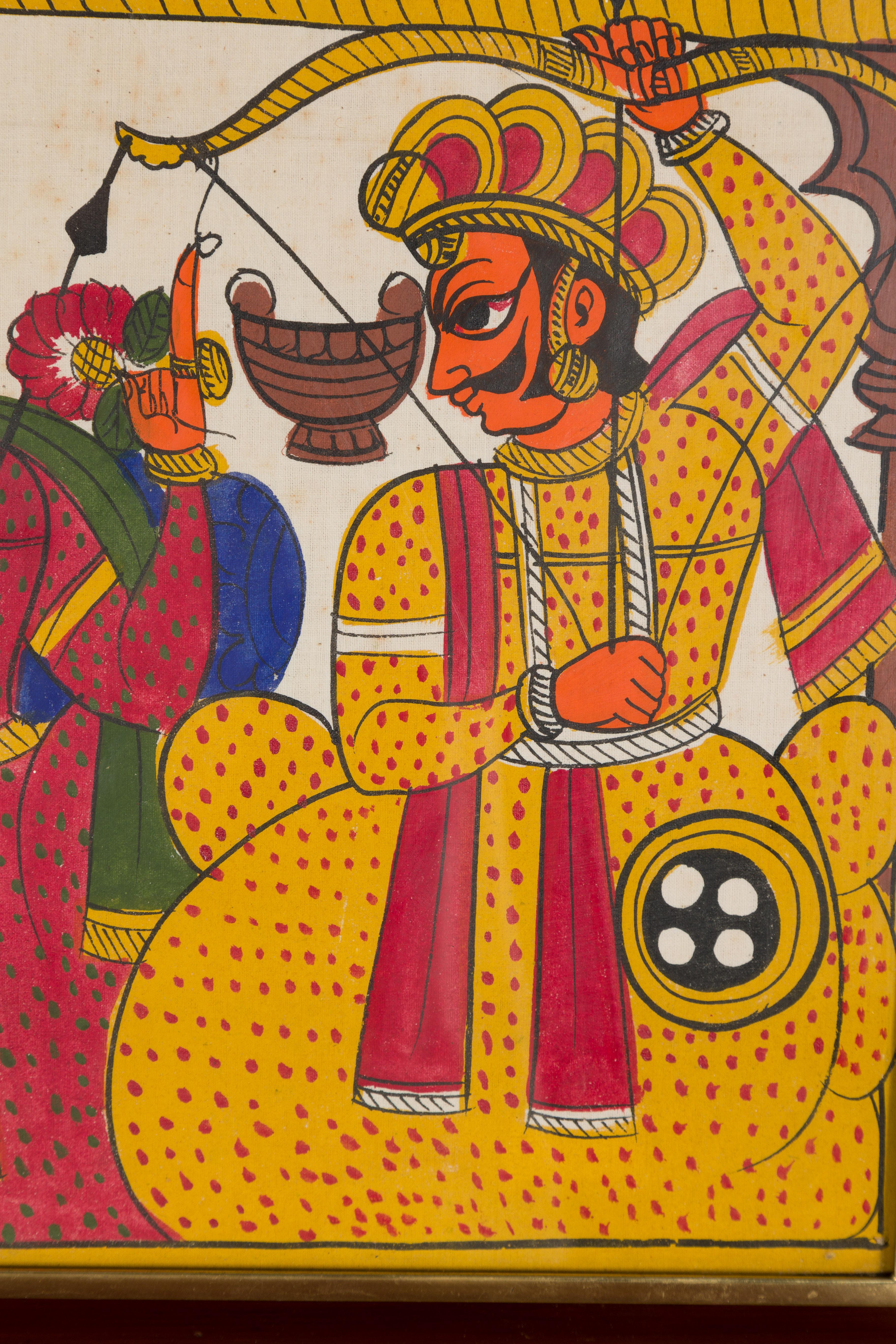Antique Hand Painted Indian Folk Art Painting Depicting Musicians and Archers For Sale 3