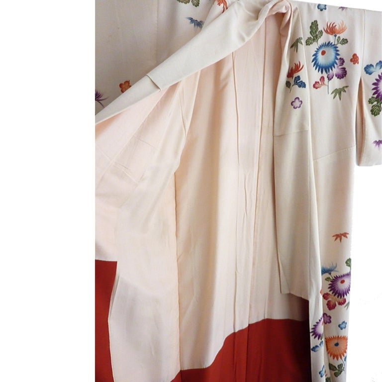 Robe Japonaise Vintage En Soie Brodée Main - Floral Blanc, Taille Juniors