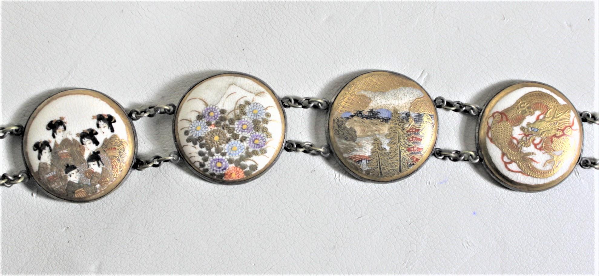 Japonisme Antique Hand-Painted Japanese Porcelain Satsuma & Silver Ladies Belt  For Sale