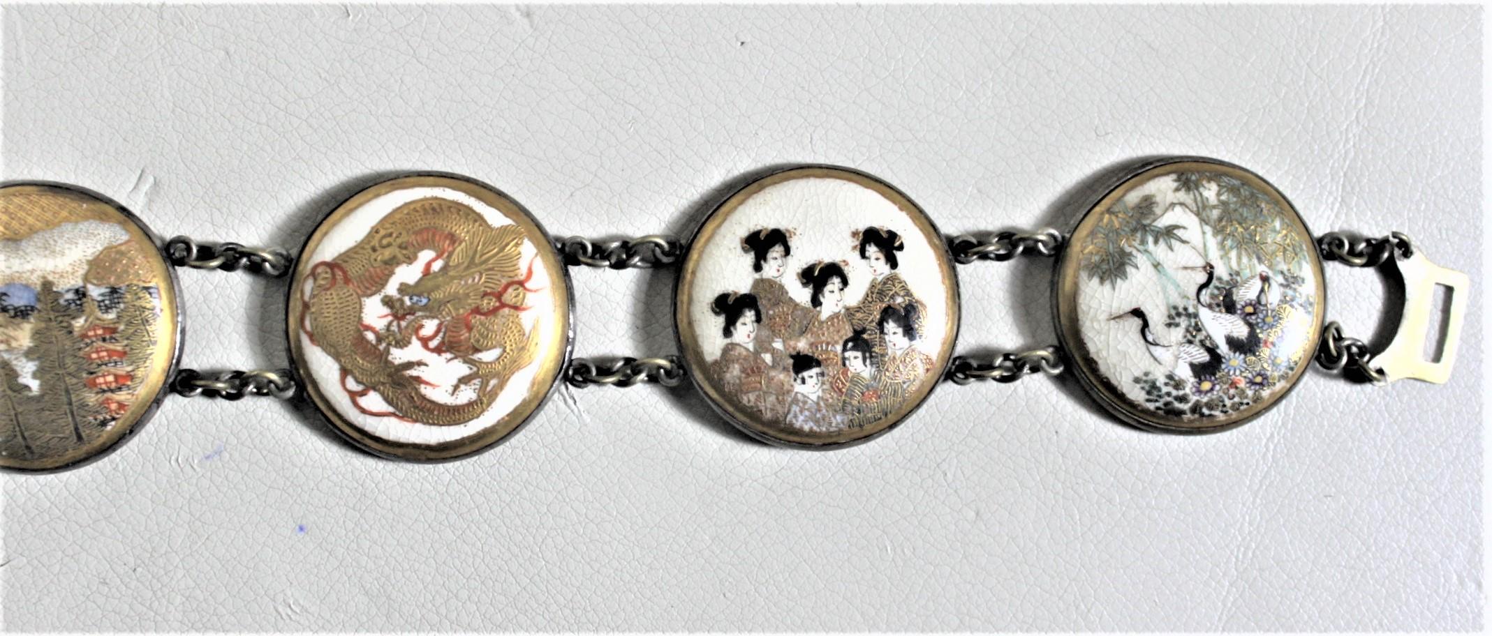 Hand-Crafted Antique Hand-Painted Japanese Porcelain Satsuma & Silver Ladies Belt  For Sale