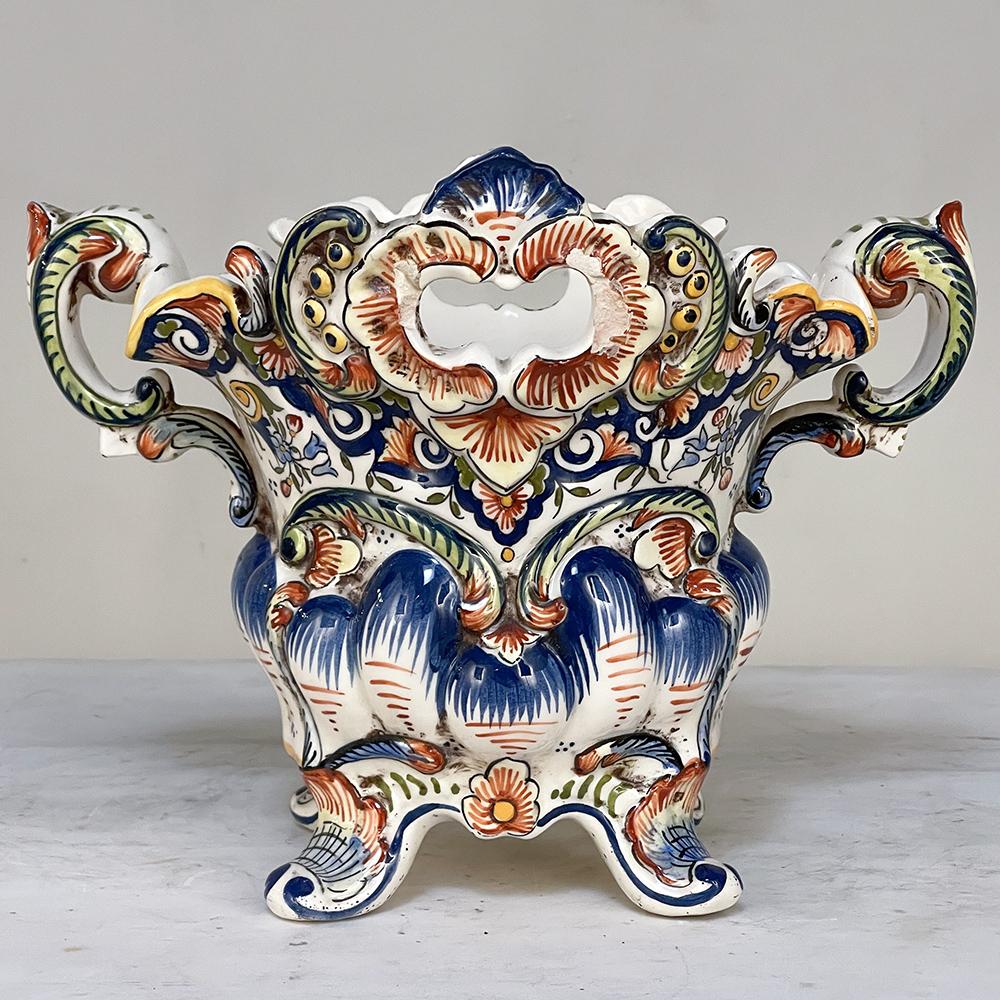 Ceramic Antique Hand-Painted Jardiniere from Rouen For Sale