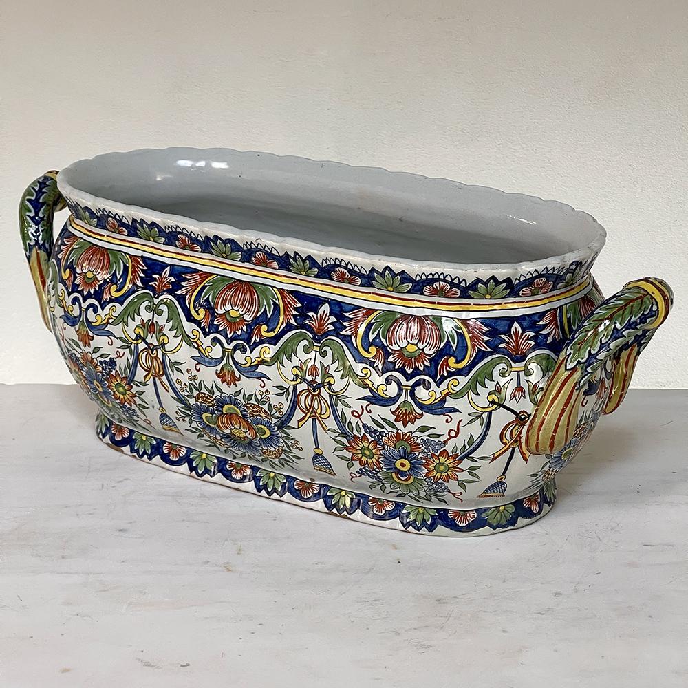 Ceramic Antique Hand-Painted Jardiniere from Rouen For Sale