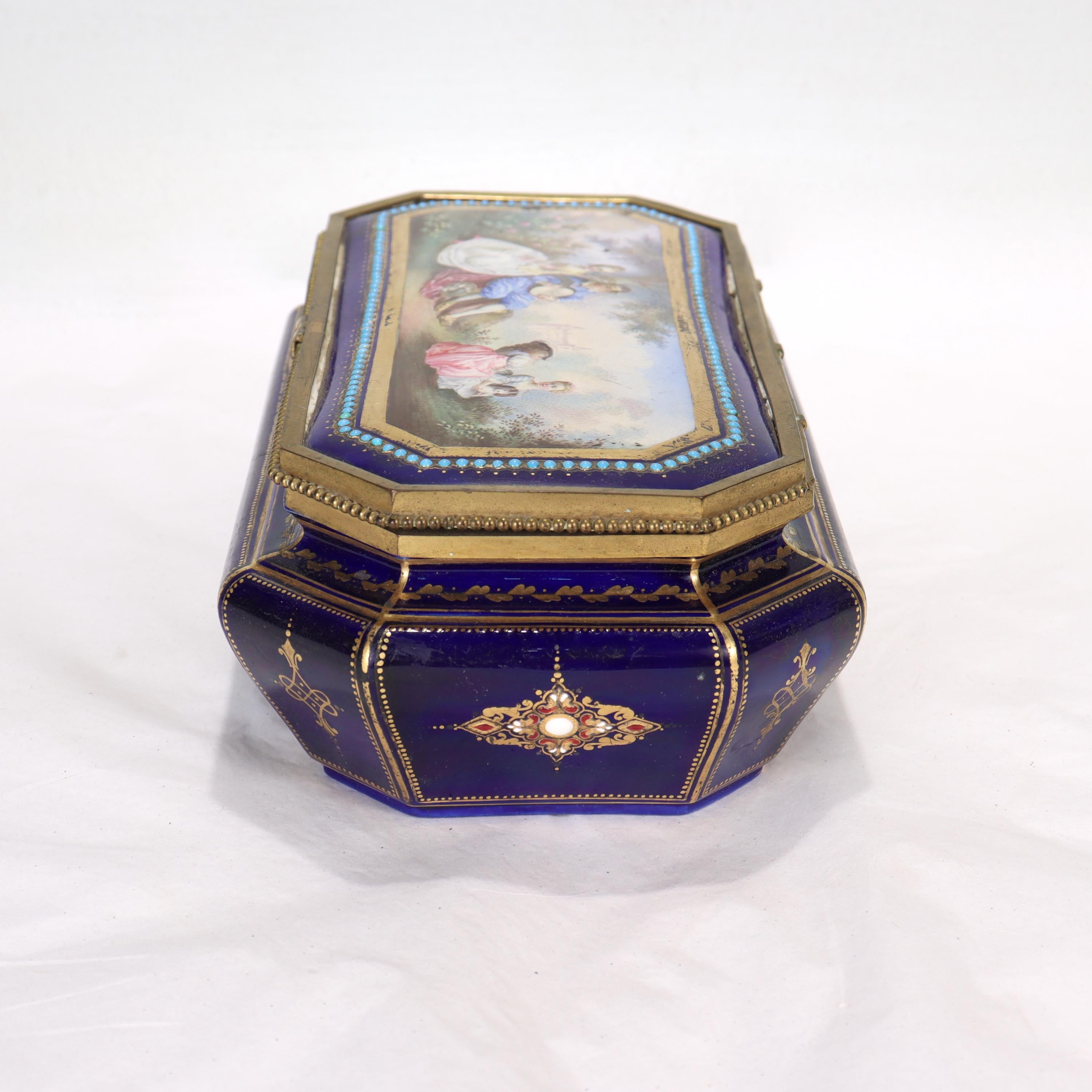 Antique Hand Painted Jeweled French Sevres Type Cobalt Blue Porcelain Table Box For Sale 4