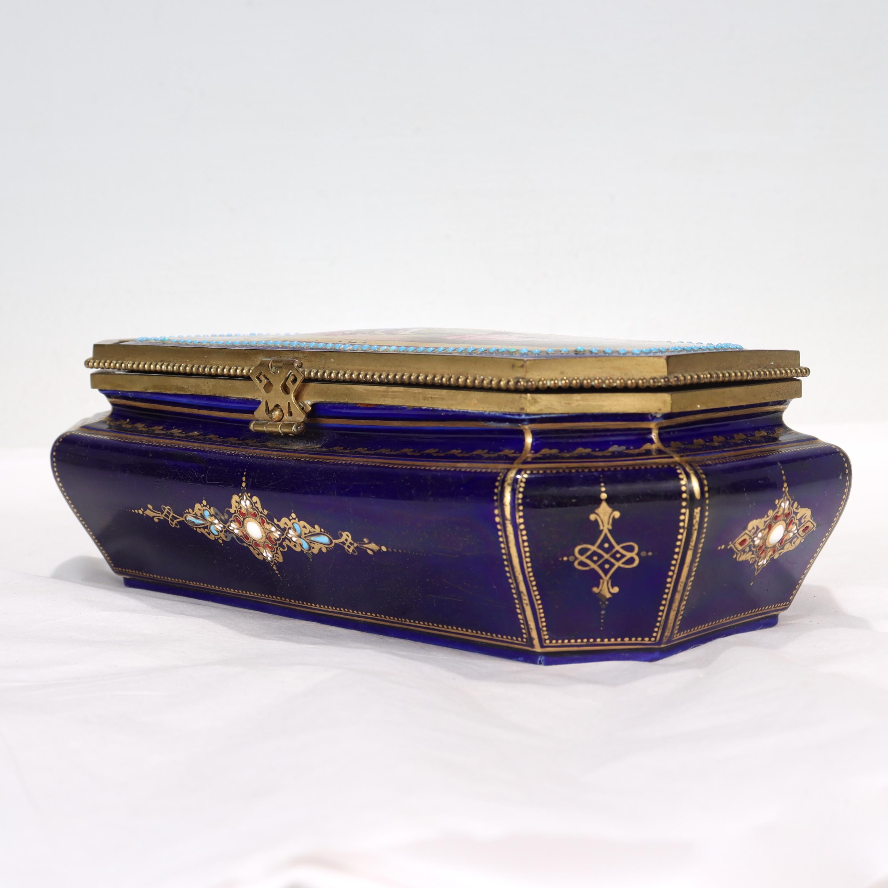 Antique Hand Painted Jeweled French Sevres Type Cobalt Blue Porcelain Table Box For Sale 5