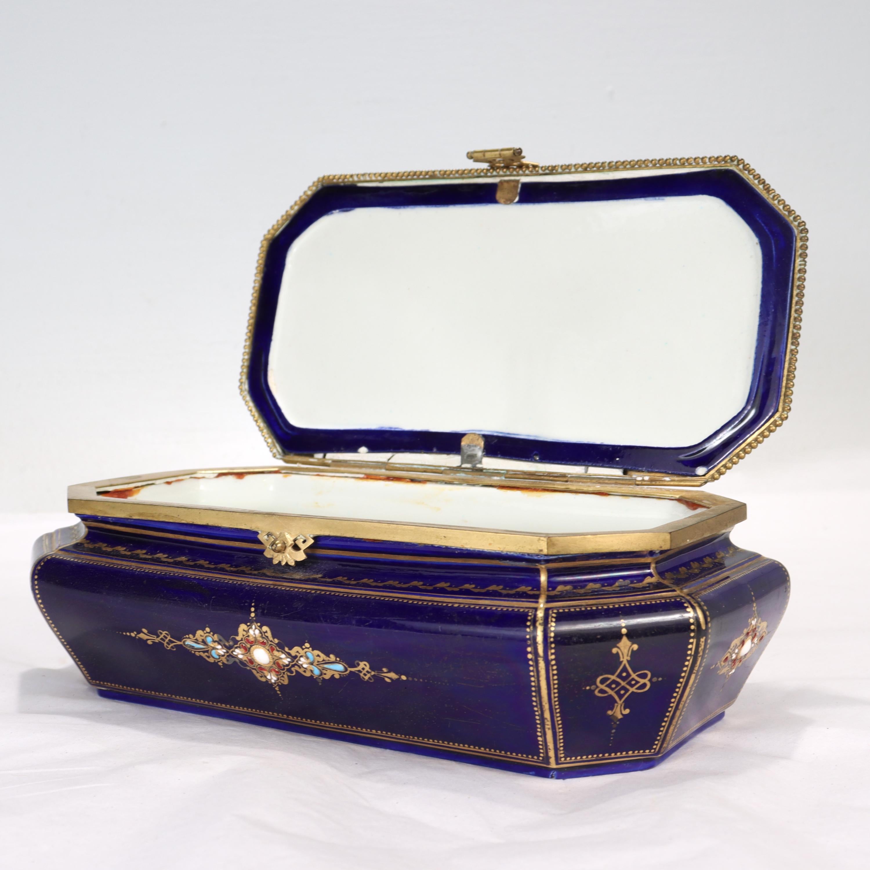 Antique Hand Painted Jeweled French Sevres Type Cobalt Blue Porcelain Table Box For Sale 6