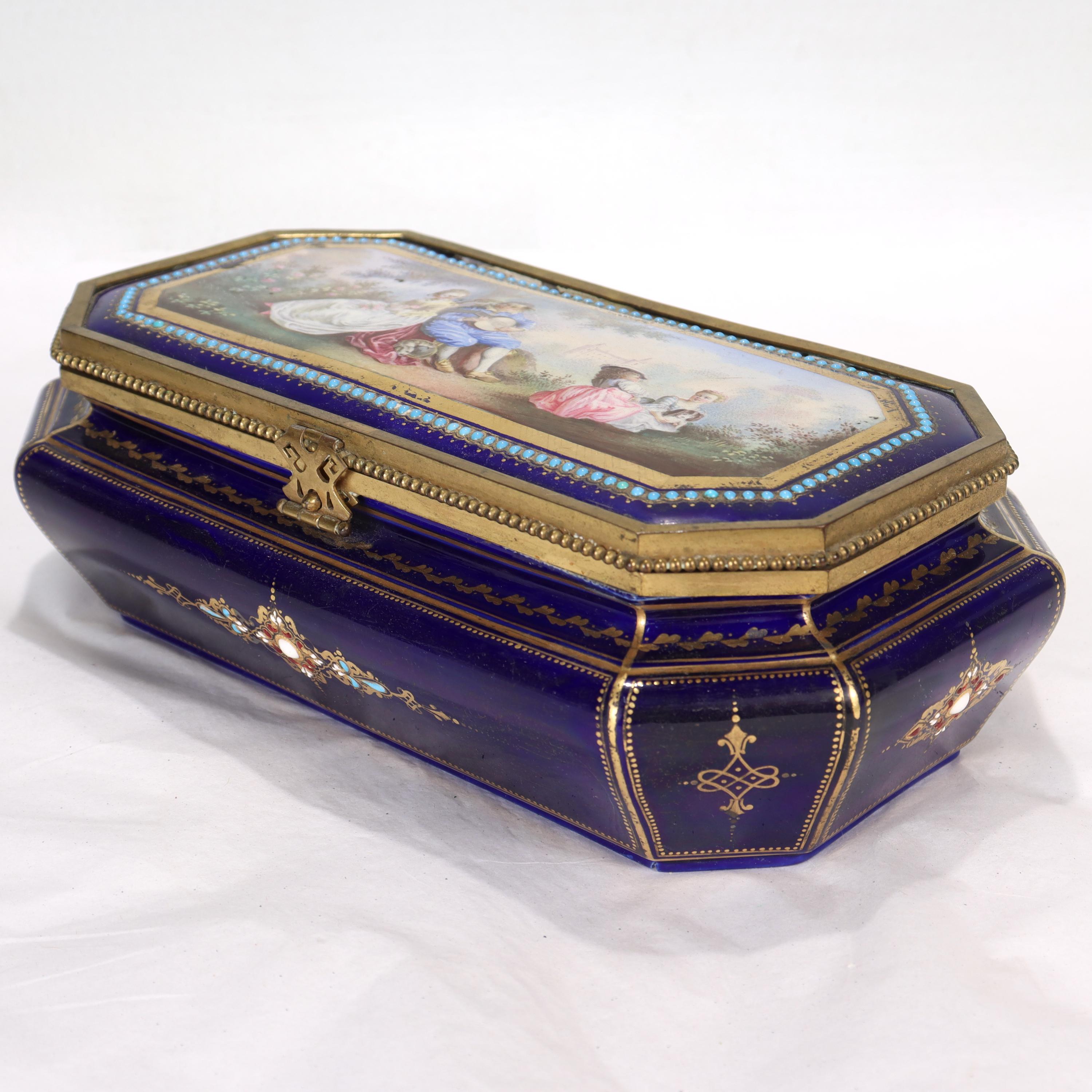 Antique Hand Painted Jeweled French Sevres Type Cobalt Blue Porcelain Table Box For Sale 9