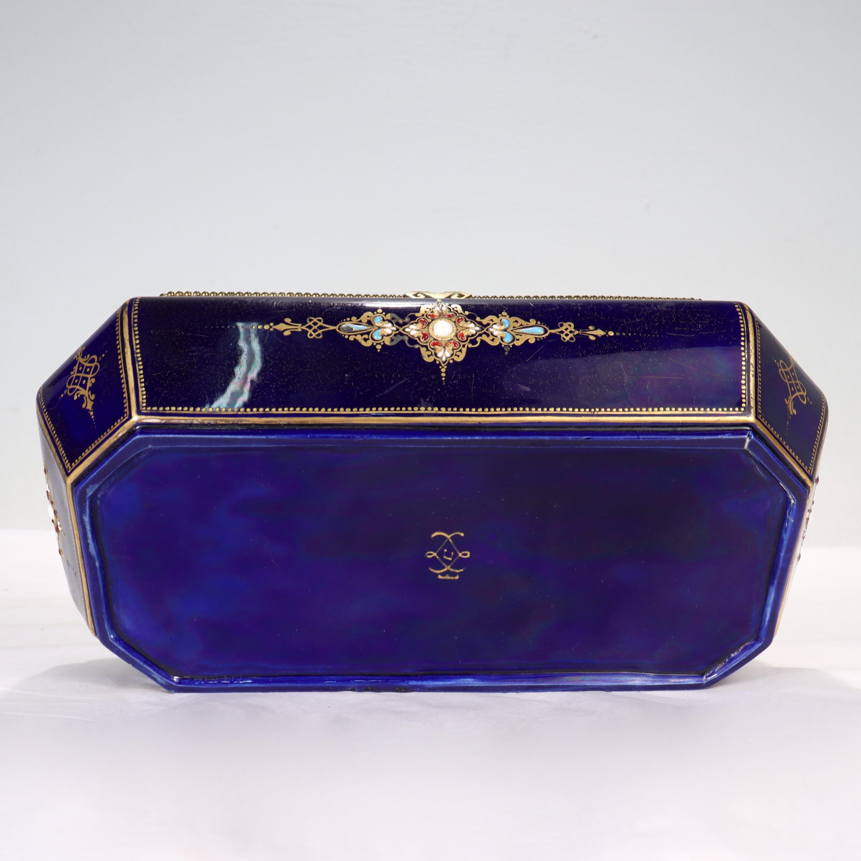 Antique Hand Painted Jeweled French Sevres Type Cobalt Blue Porcelain Table Box For Sale 11