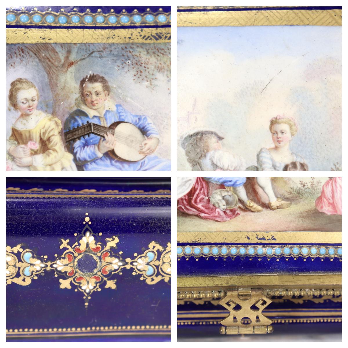 Antique Hand Painted Jeweled French Sevres Type Cobalt Blue Porcelain Table Box For Sale 12