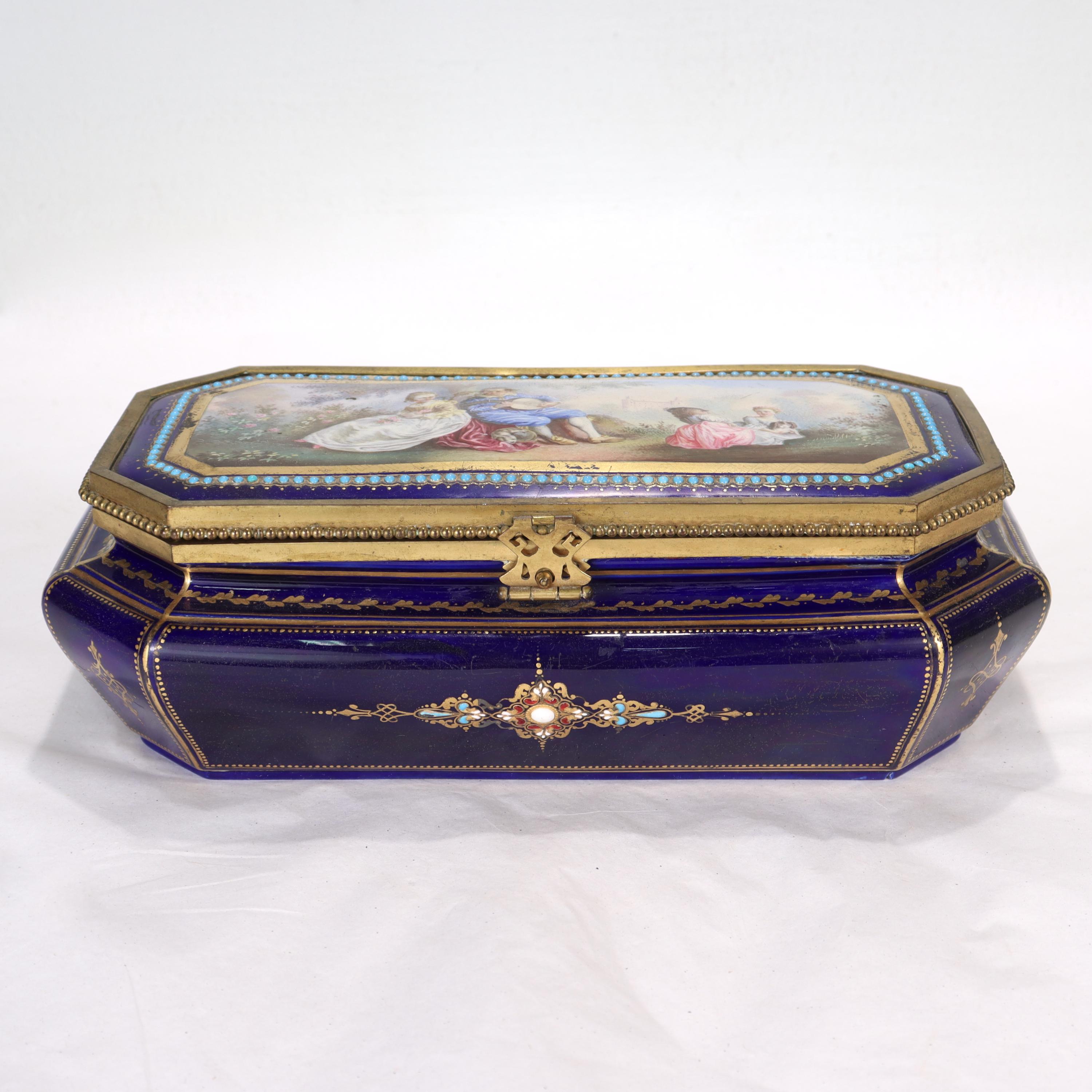 Antique Hand Painted Jeweled French Sevres Type Cobalt Blue Porcelain Table Box For Sale 1