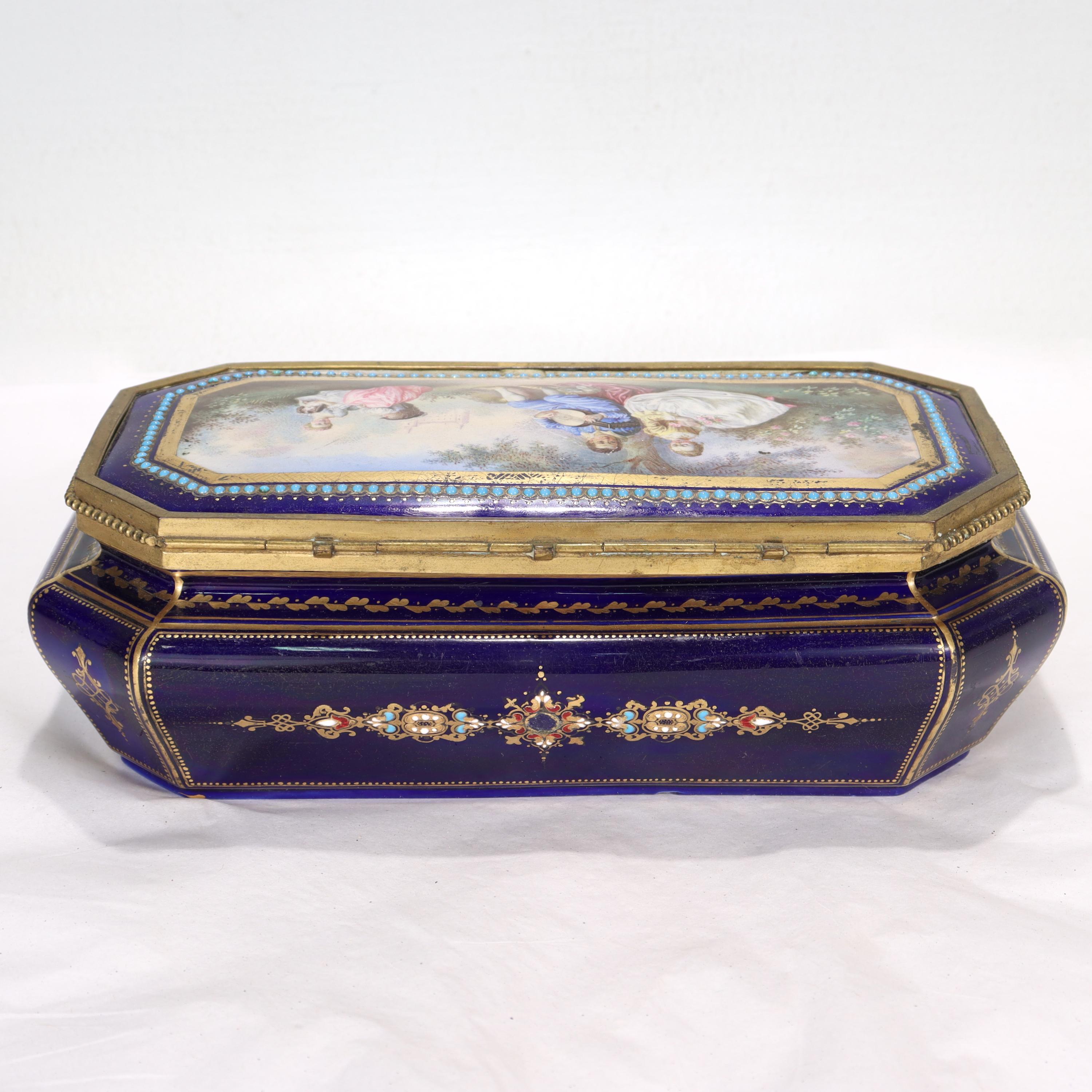 Antique Hand Painted Jeweled French Sevres Type Cobalt Blue Porcelain Table Box For Sale 3