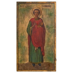 Antique Hand Painted Large Russian Icon with Vibrant Colors