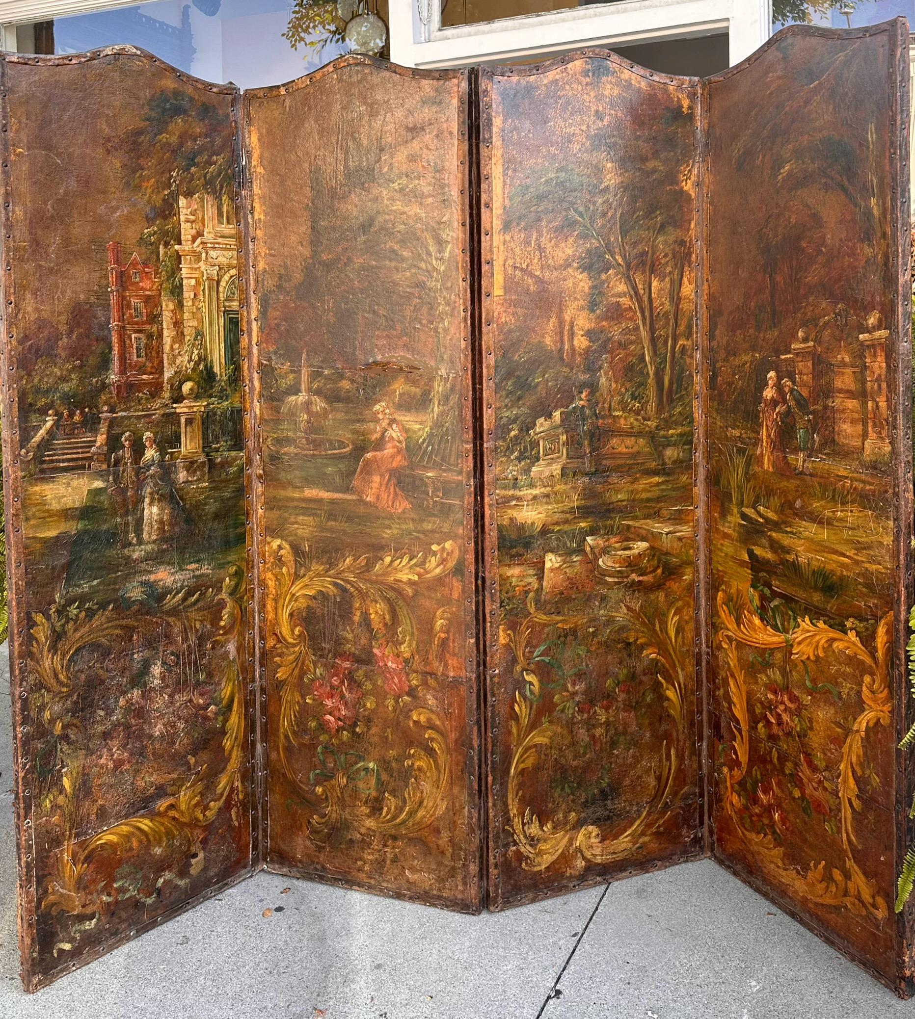 Renaissance Antique Hand Painted Leather 4 Panel Scenic Floor Screen Room Divider