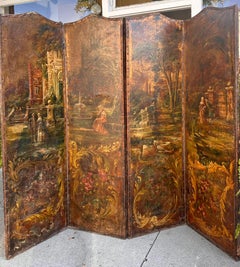 Antique Hand Painted Leather 4 Panel Scenic Floor Screen Room Divider