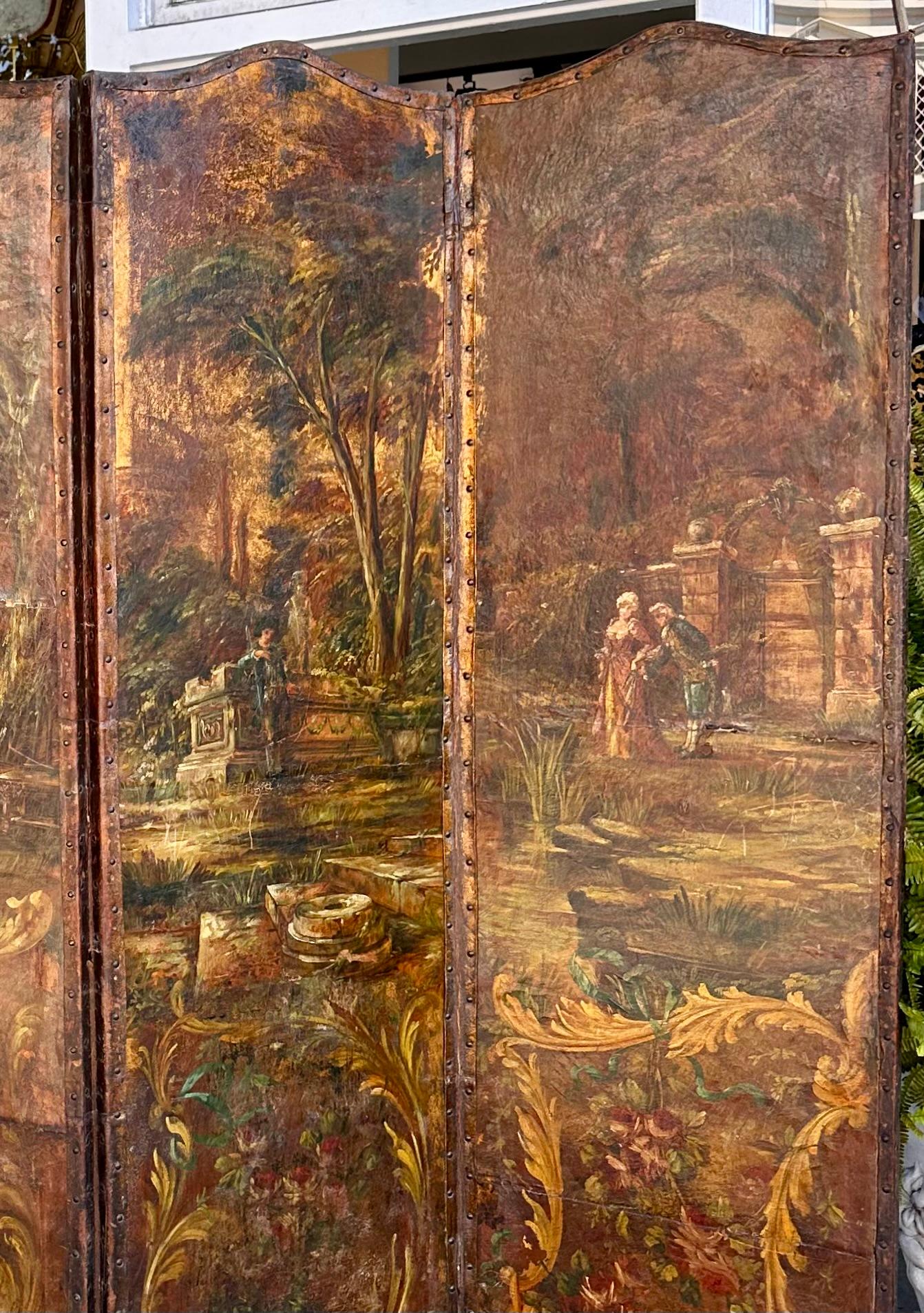 French Antique Hand Painted Leather 4 Panel Scenic Floor Screen Room Divider