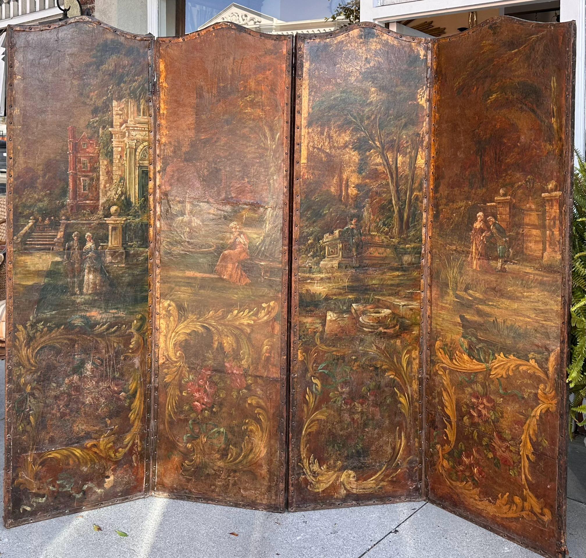 Antique Hand Painted Leather 4 Panel Scenic Floor Screen Room Divider In Good Condition In LOS ANGELES, CA