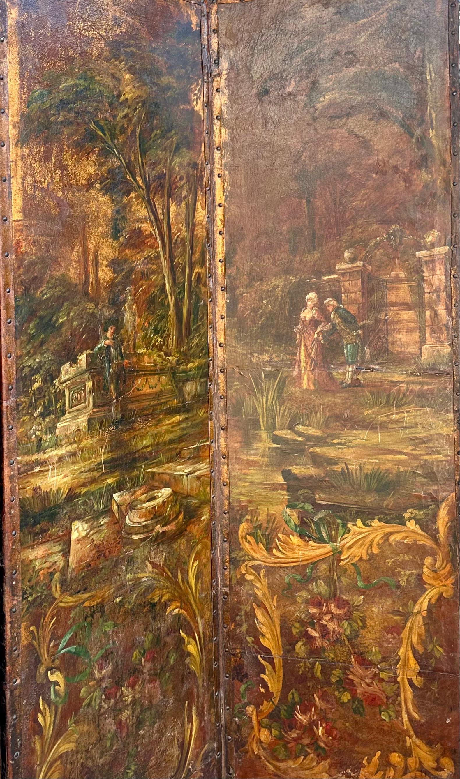 19th Century Antique Hand Painted Leather 4 Panel Scenic Floor Screen Room Divider