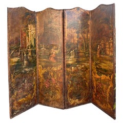 Antique Hand Painted Leather 4 Panel Scenic Floor Screen Room Divider
