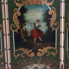 Antique Hand Painted Leather on Board Four Panel Dressing Screen 20thC