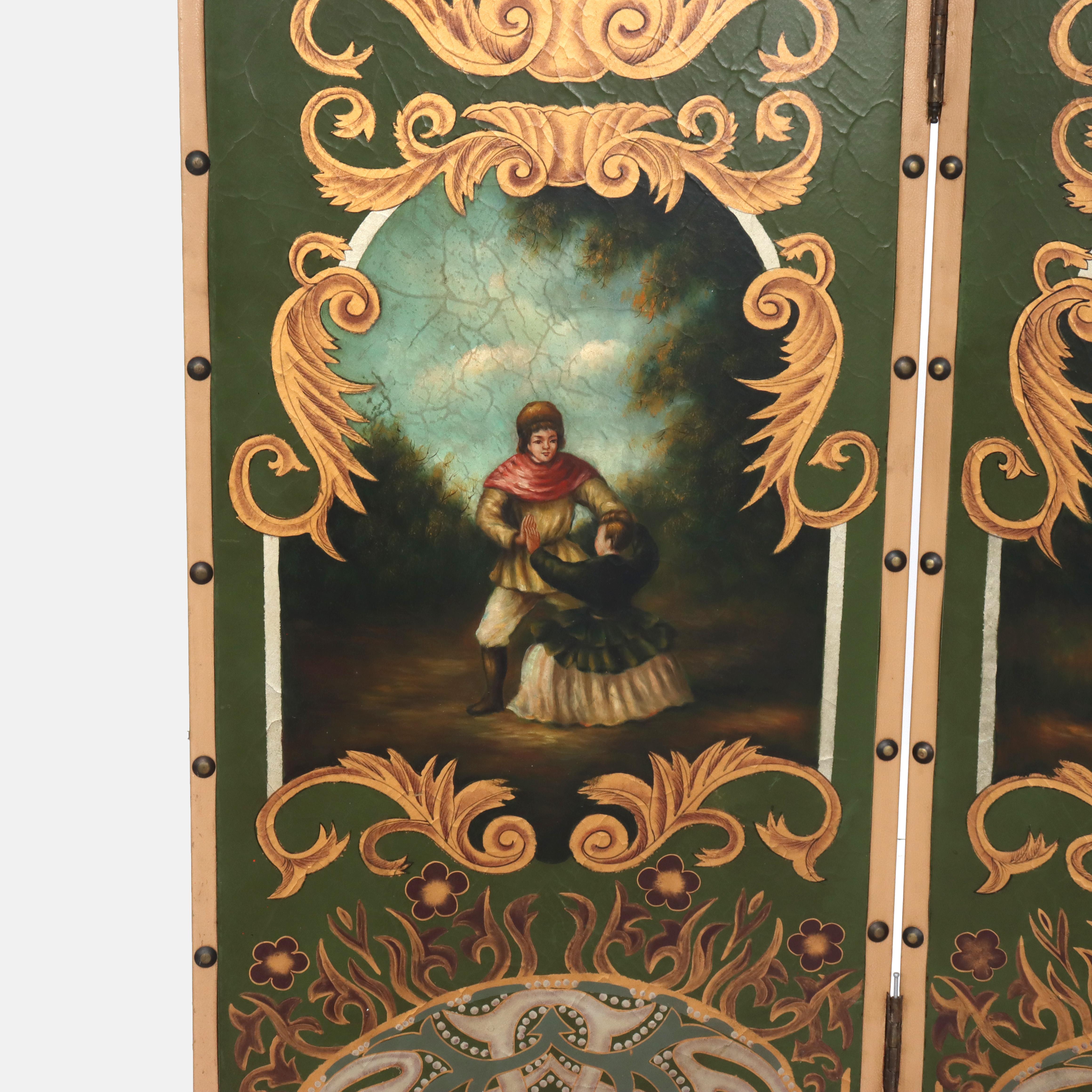 Paravent ancien à quatre panneaux en cuir peint à la main 20e siècle en vente 1