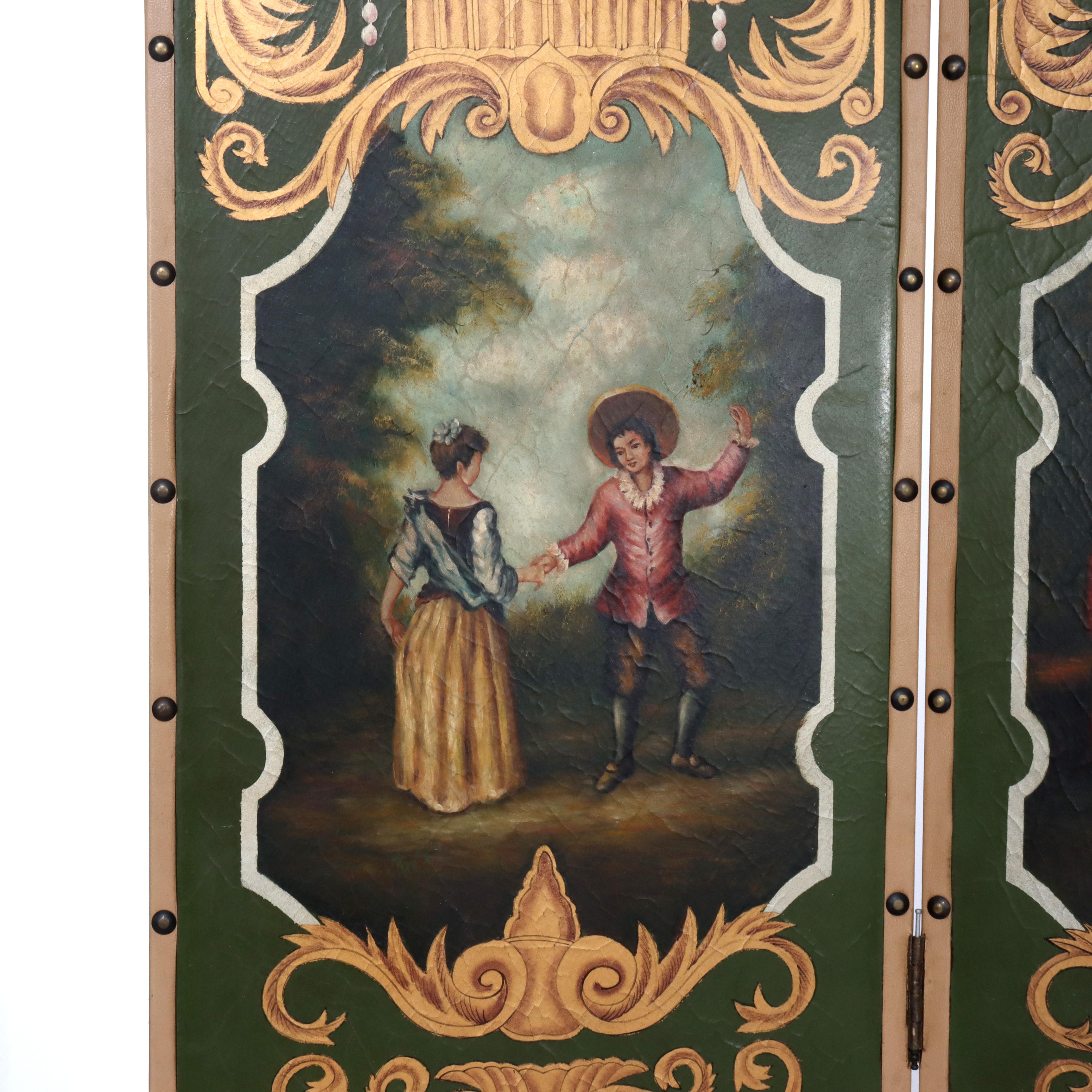 Paravent ancien à quatre panneaux en cuir peint à la main 20e siècle en vente 2
