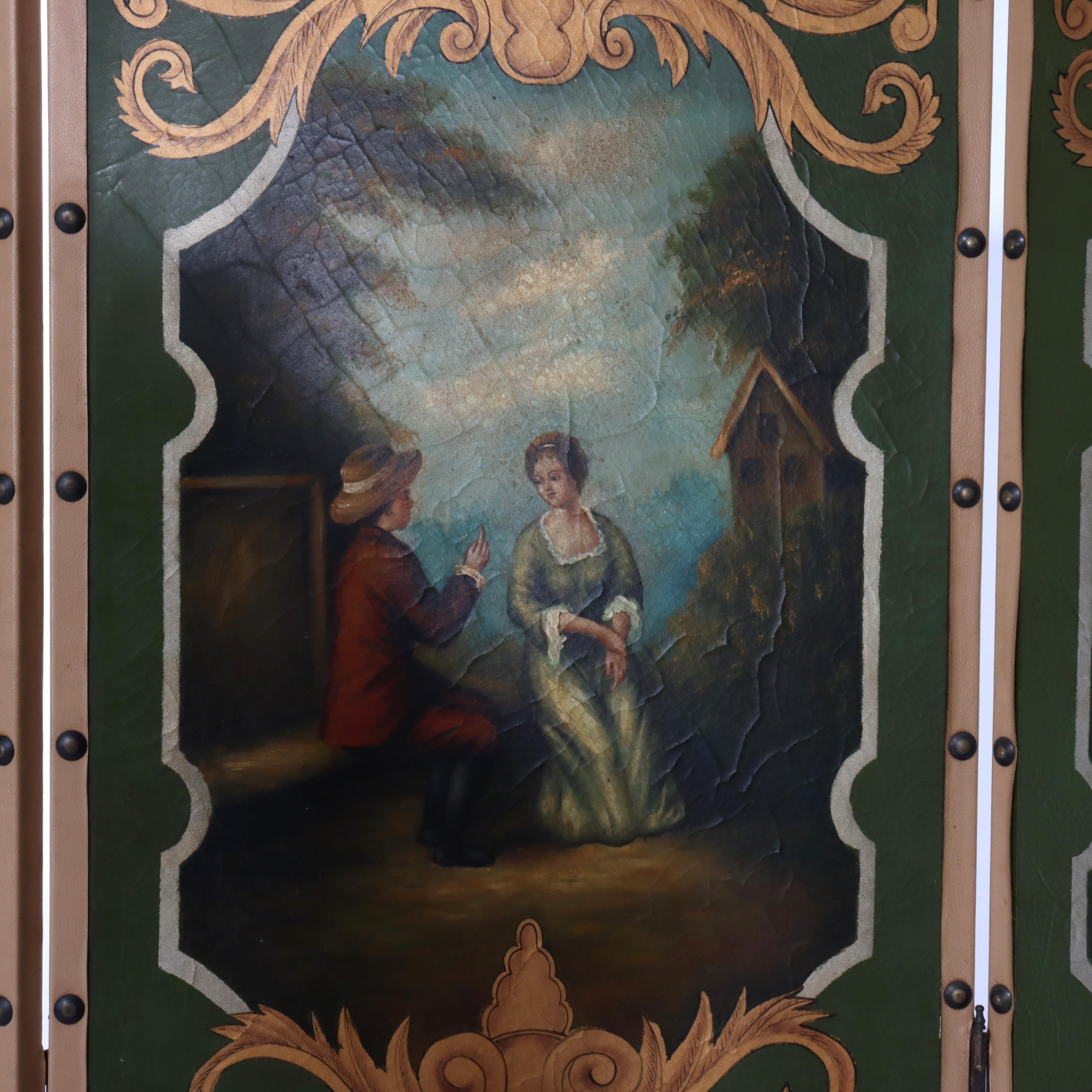 Paravent ancien à quatre panneaux en cuir peint à la main 20e siècle en vente 3