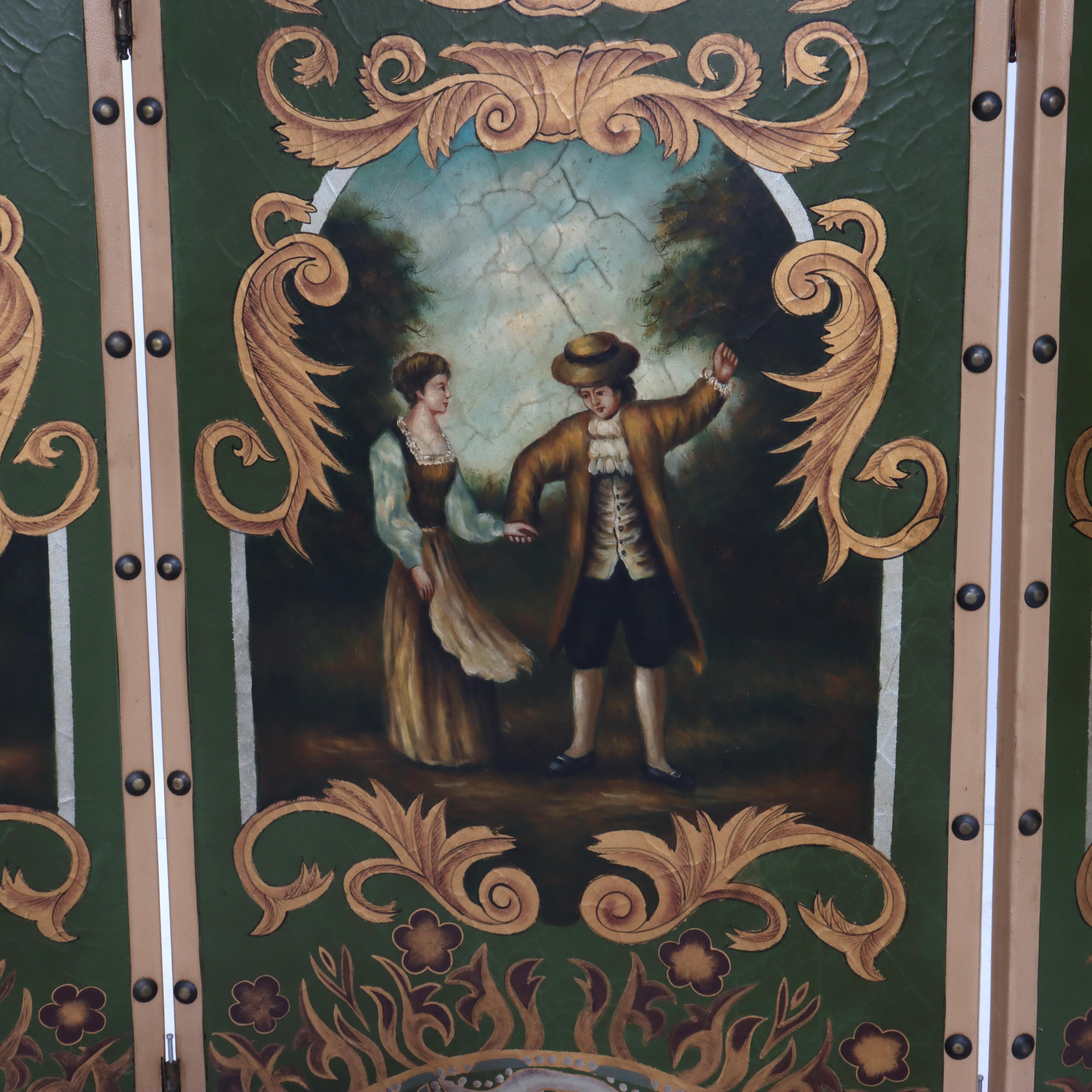 Paravent ancien à quatre panneaux en cuir peint à la main 20e siècle en vente 4