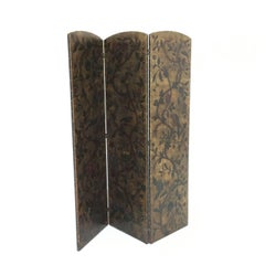 Antique Hand-Painted Leather Tri-Fold Screen