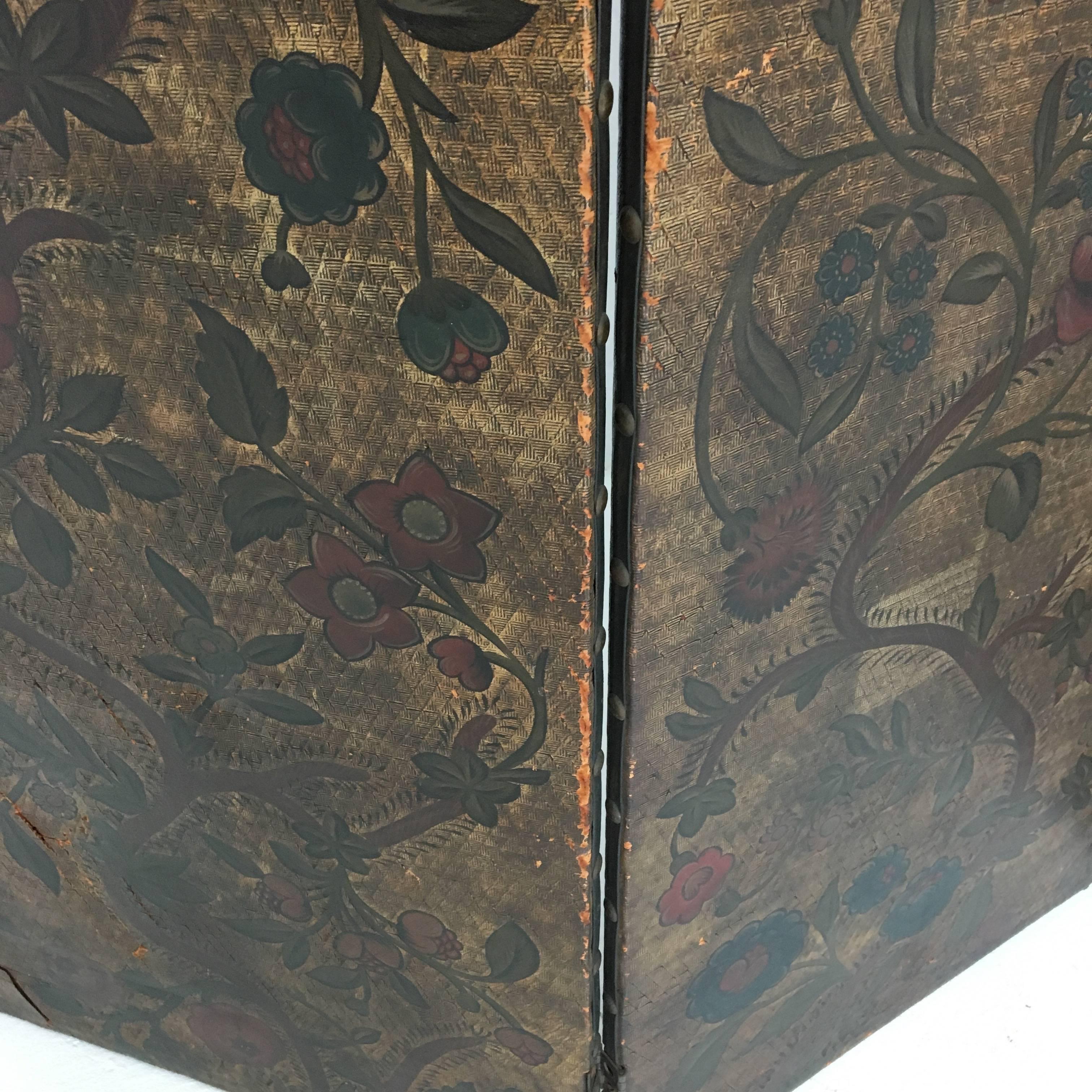 Antique Hand-Painted Leather Tri-Fold Screen For Sale 1