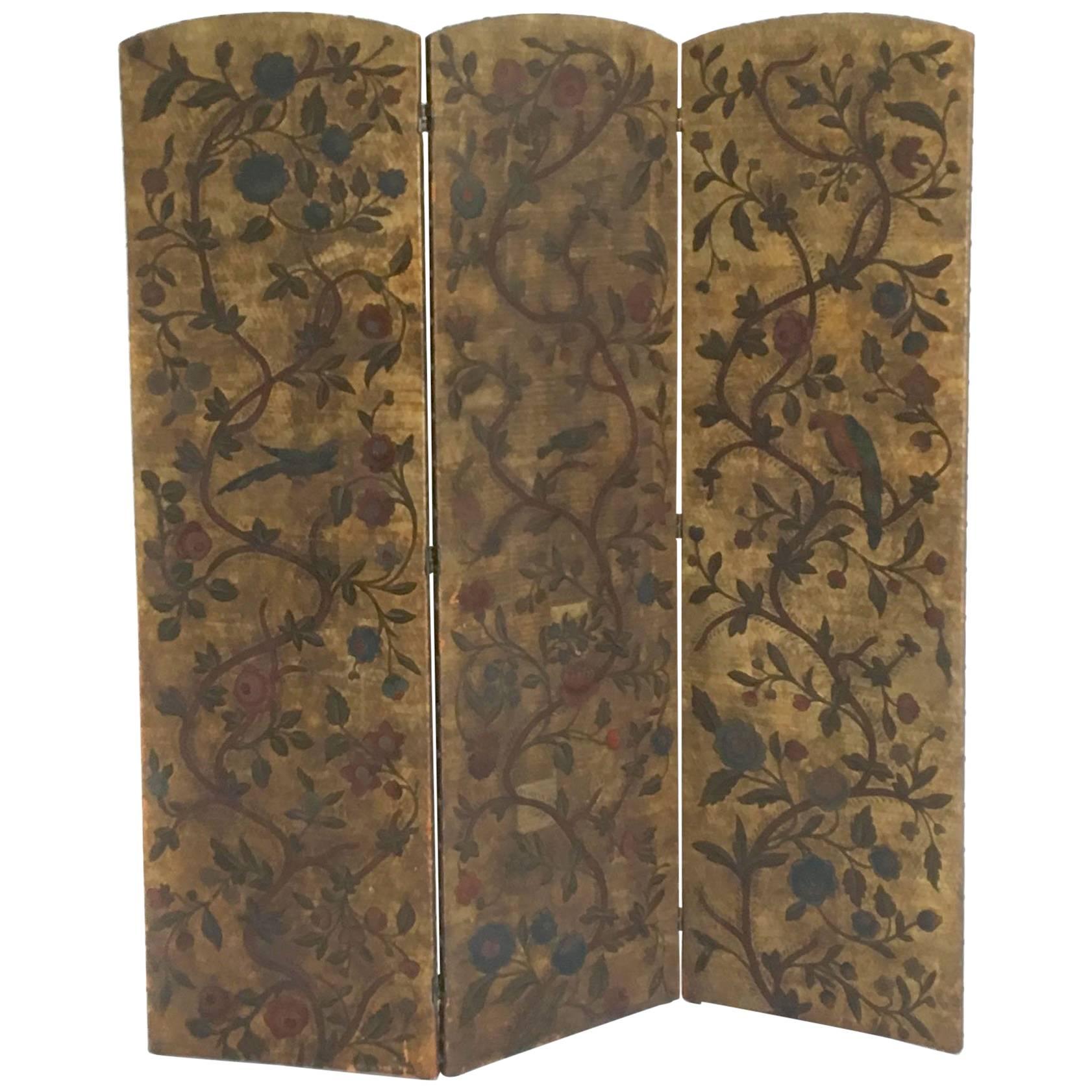 Antique Hand-Painted Leather Tri-Fold Screen For Sale