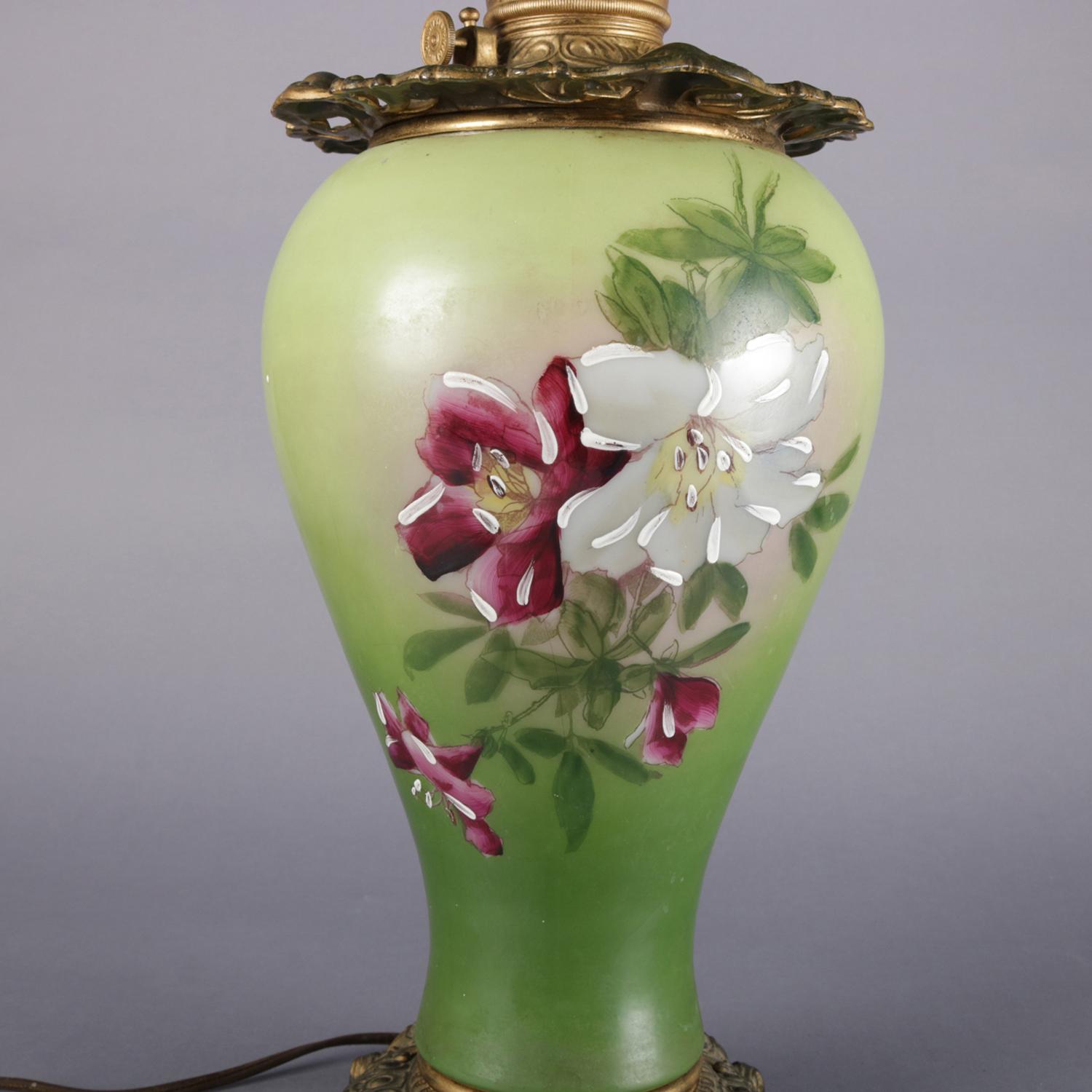 Antique Hand-Painted Lily Gone-with-the-wind Lamp, Electrified, 19th Century In Good Condition In Big Flats, NY