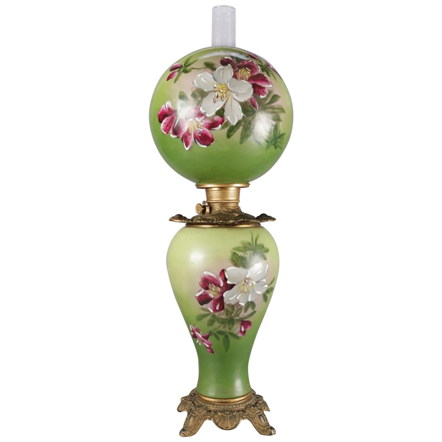 Antique Hand-Painted Lily Gone-with-the-wind Lamp, Electrified, 19th Century
