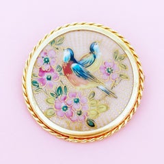 Antique Hand-Painted Limoges Porcelain Spring Birds Brooch by P. Pastaud, 1920s