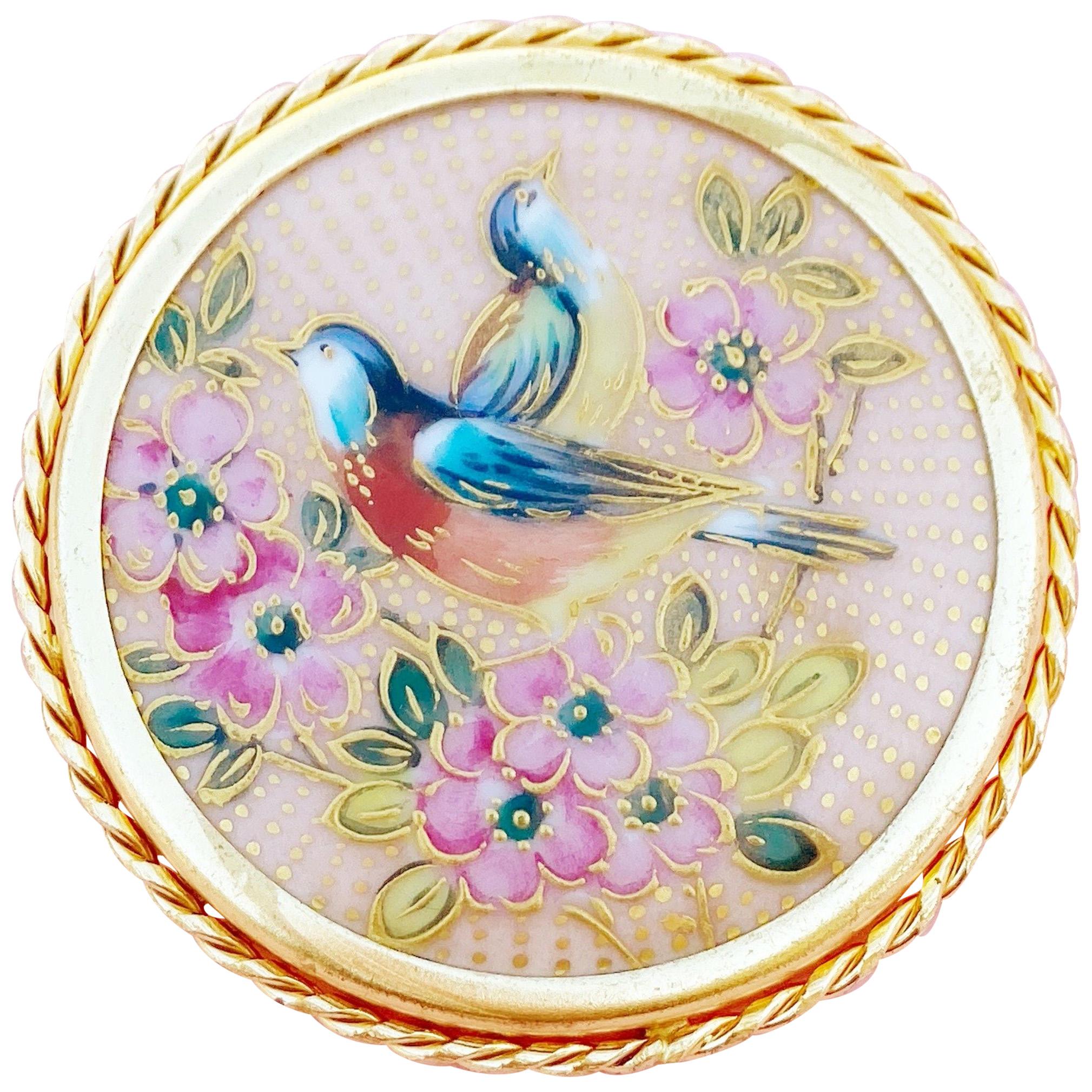Antique Hand-Painted Limoges Porcelain Spring Birds Brooch by P. Pastaud, 1920s