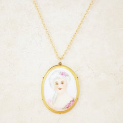 Antique Hand Painted Limoges Porcelain Victorian Woman Pendant Necklace, 1800s