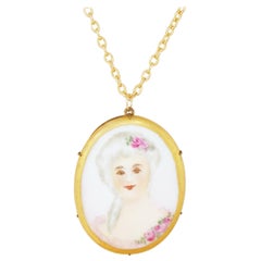 Antique Hand Painted Limoges Porcelain Victorian Woman Pendant Necklace, 1800s