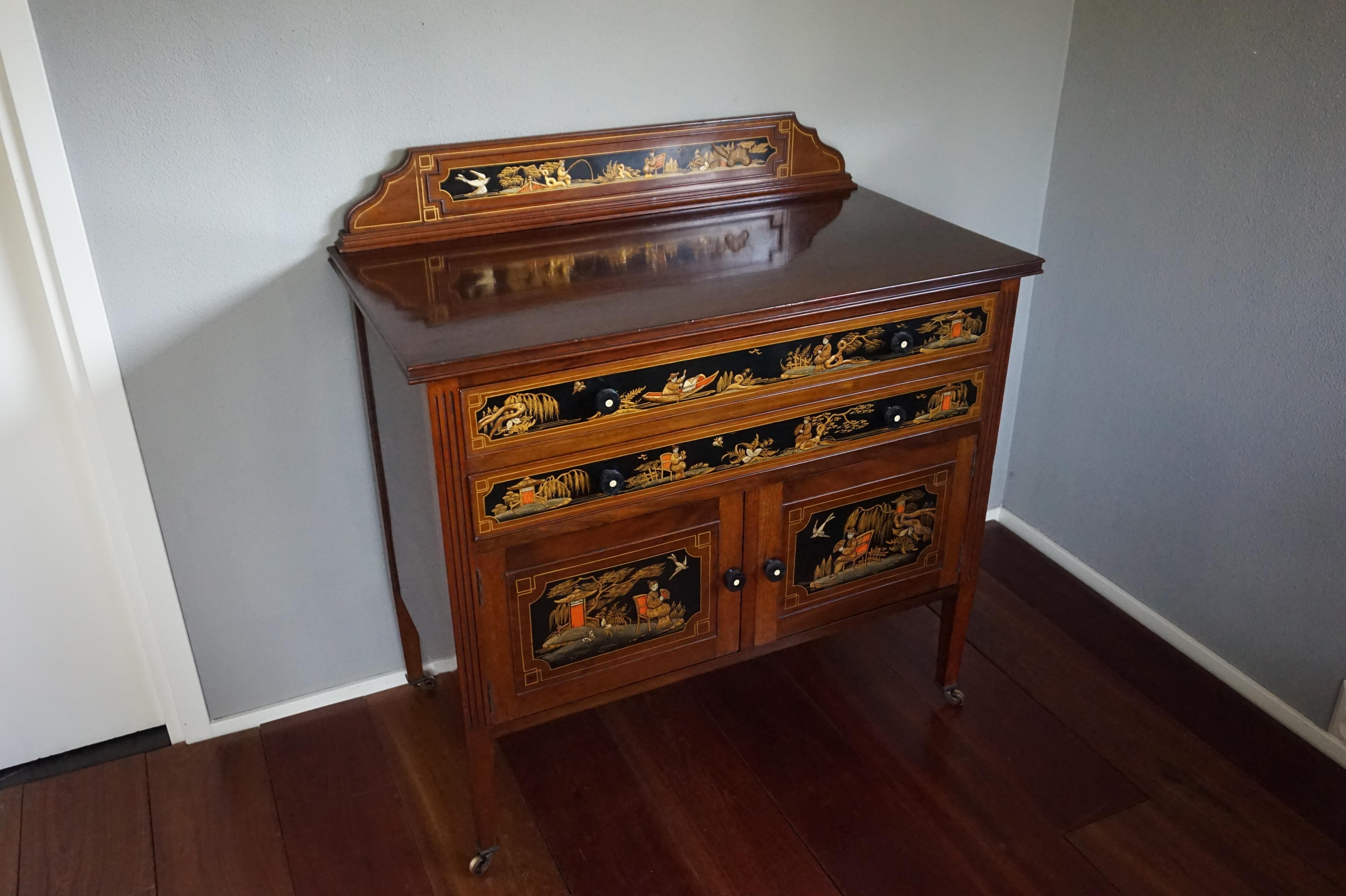 Antique & Hand-Painted, Mahogany Dresser / Commode in Stunning Chinoiserie Style 4