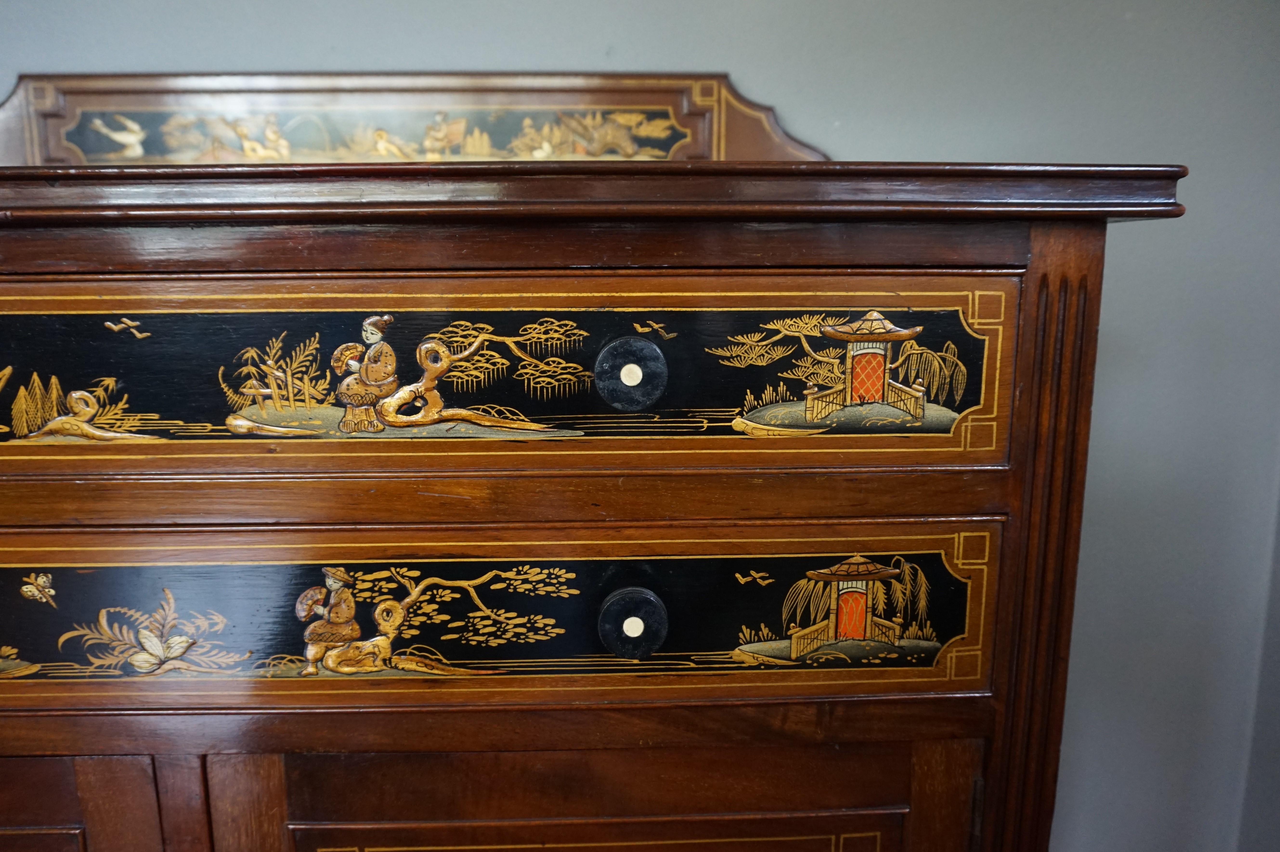 Antique & Hand-Painted, Mahogany Dresser / Commode in Stunning Chinoiserie Style 5