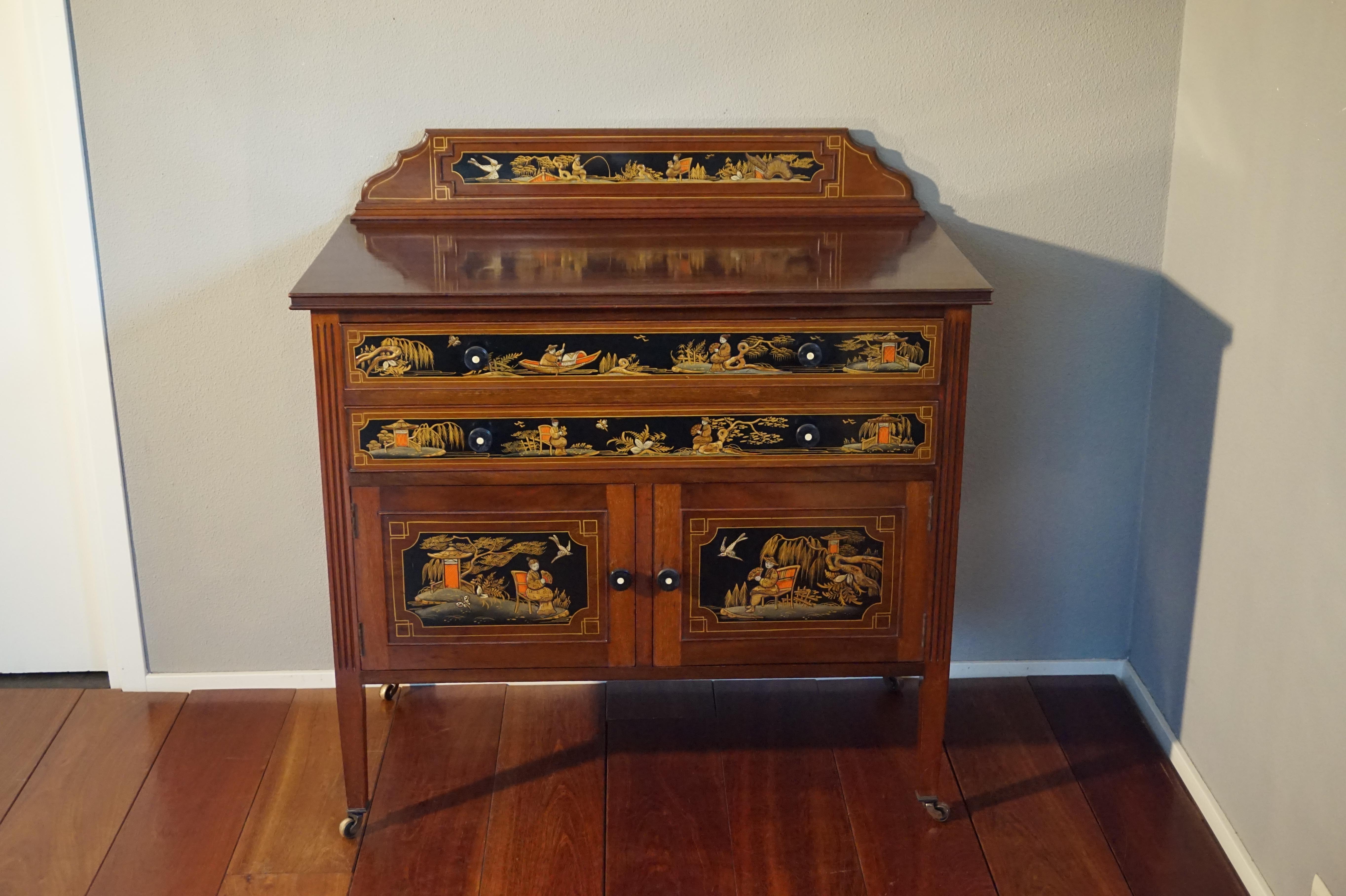Antique & Hand-Painted, Mahogany Dresser / Commode in Stunning Chinoiserie Style 10