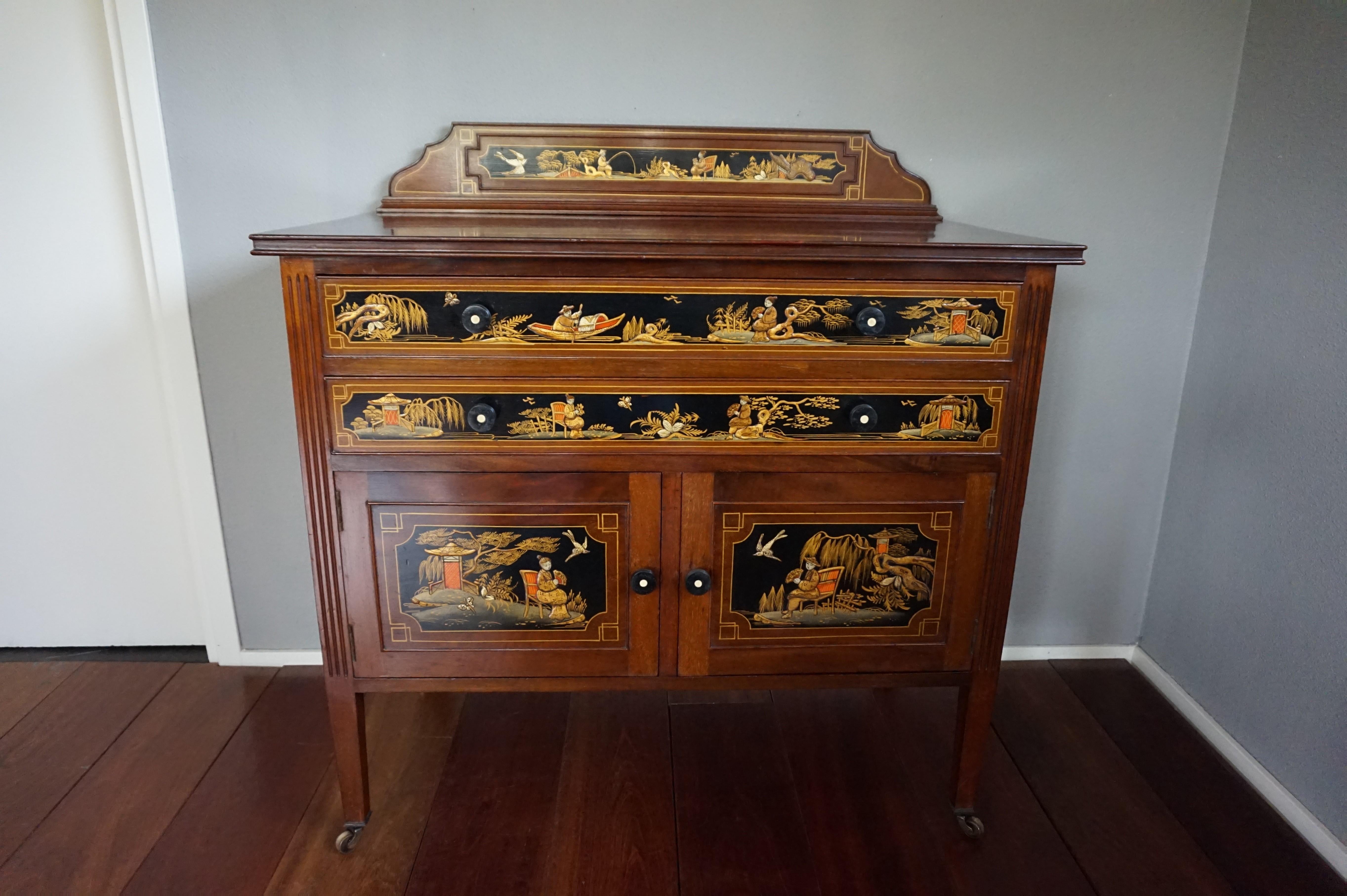 Stylish work of art and practical piece of furniture into one.

This one of a kind, antique dresser comes with a hand painted decor of a courting male and female (in a traditional Chinese manner). It stands firmly, but thanks to its original brass