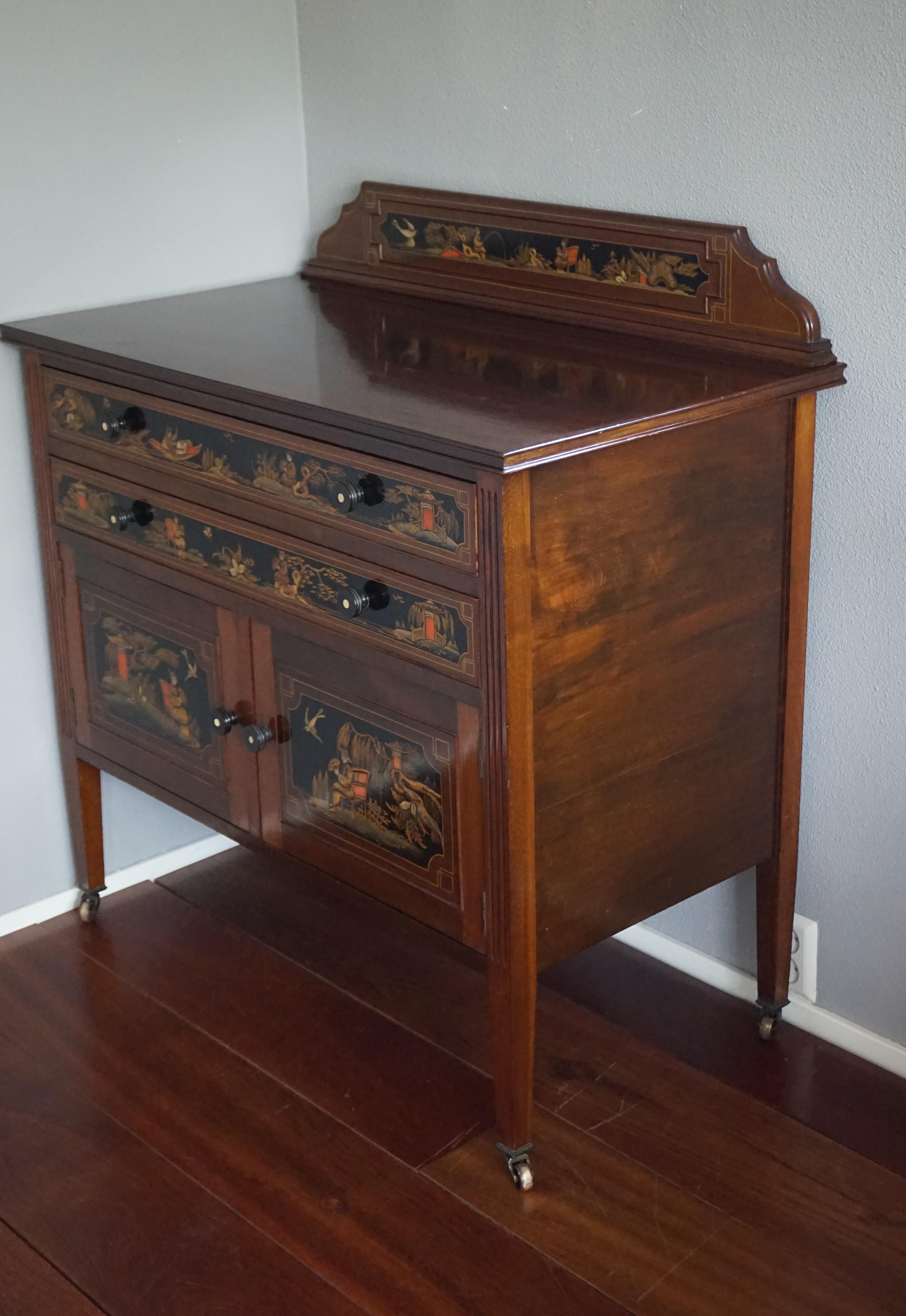 British Antique & Hand-Painted, Mahogany Dresser / Commode in Stunning Chinoiserie Style