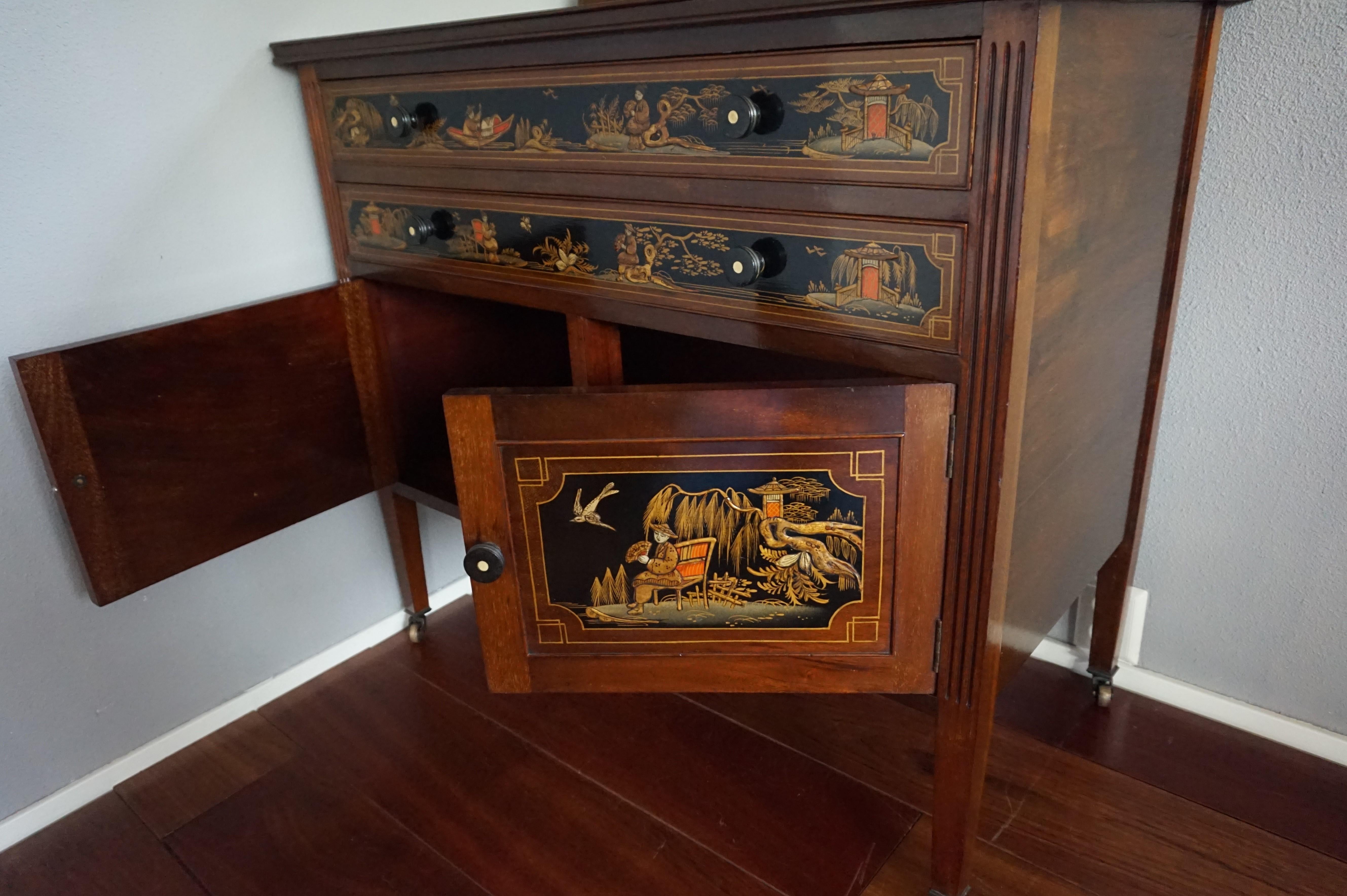 19th Century Antique & Hand-Painted, Mahogany Dresser / Commode in Stunning Chinoiserie Style