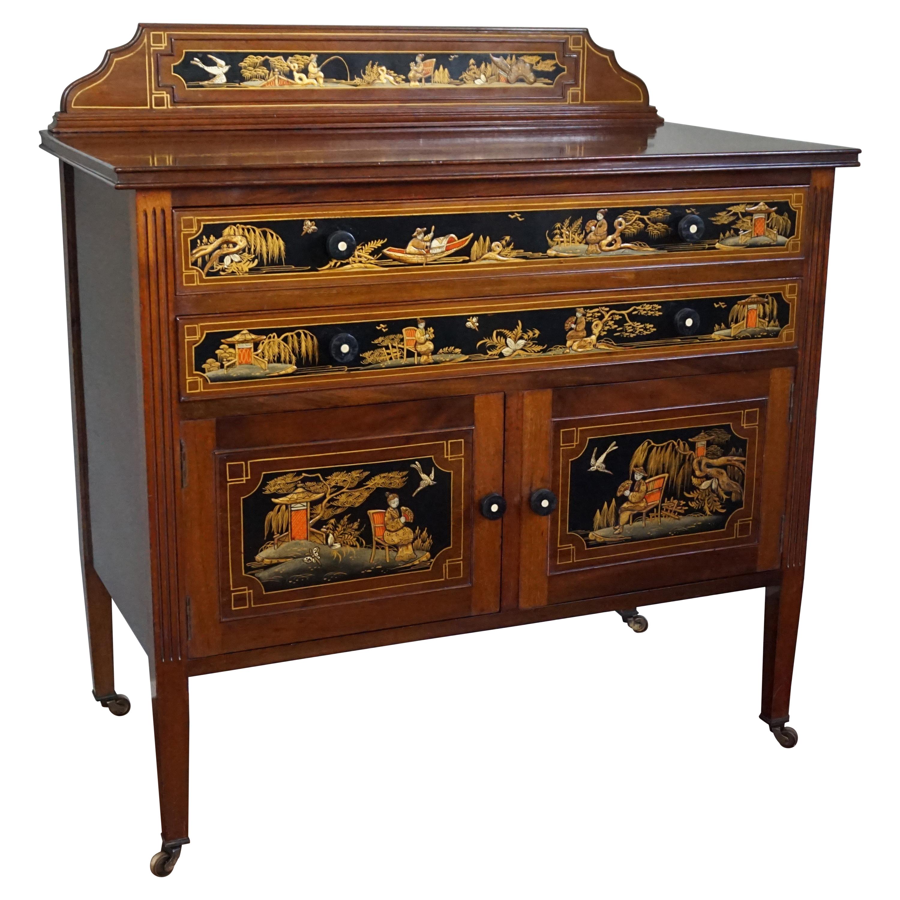 Antique & Hand-Painted, Mahogany Dresser / Commode in Stunning Chinoiserie Style