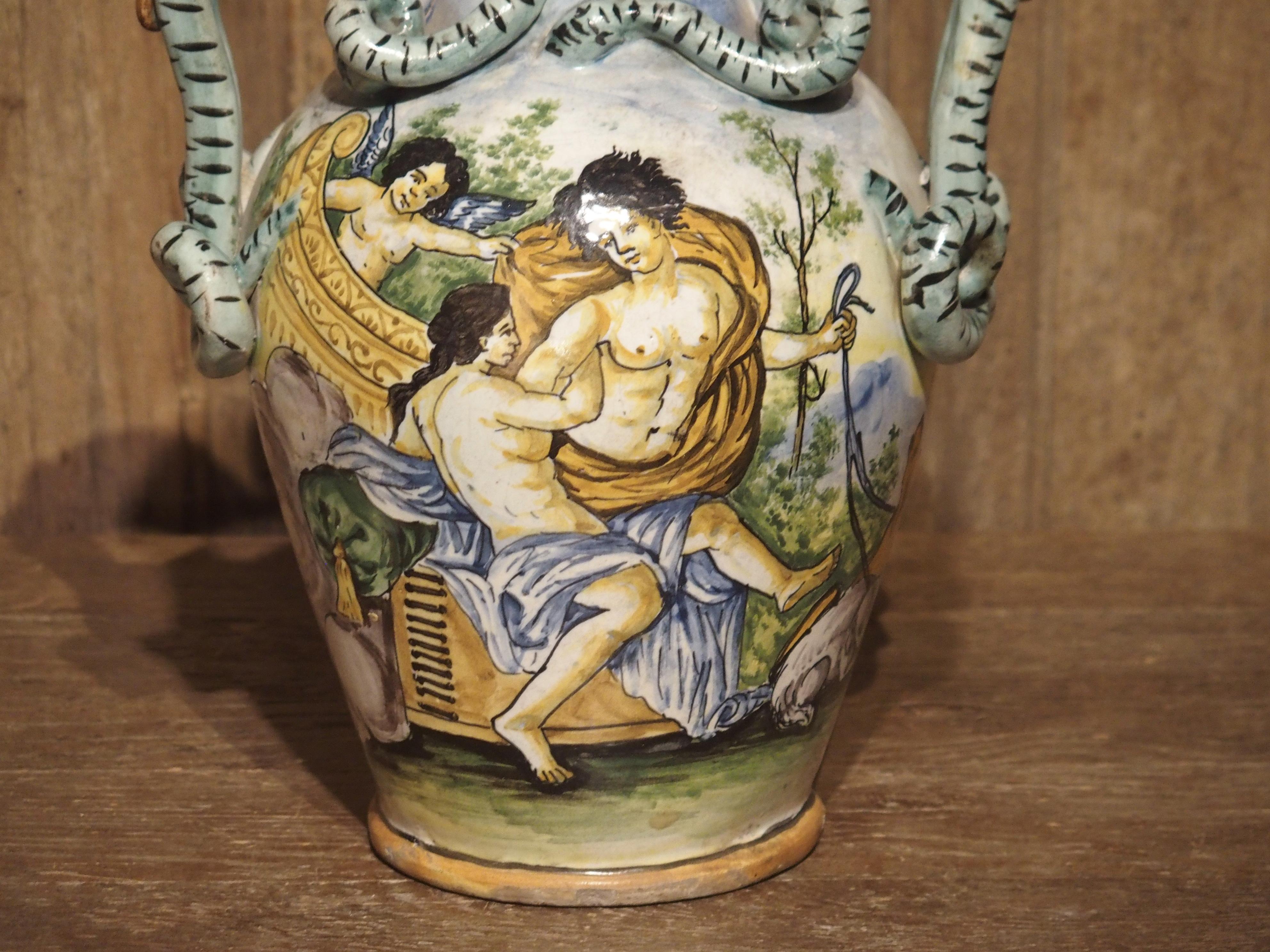 Hand-Painted Antique Hand Painted Majolica Vase from Umbria, circa 1870 For Sale