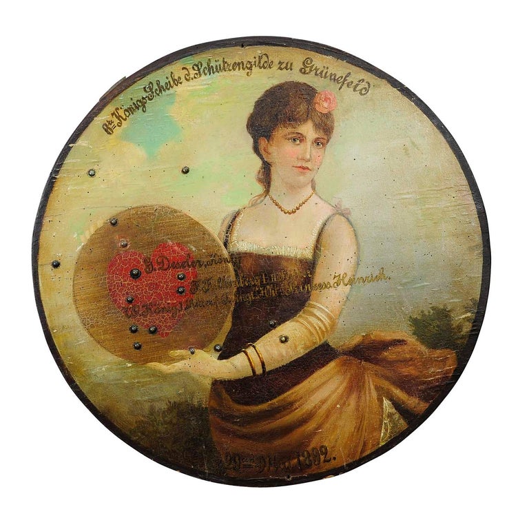 Antique Hand-Painted Marksman King Target Plaque 1892

A rare and beautiful wooden hand-painted shooting target plaque with inscriptions. This rare kings plaque was issued by the shooting club of Gruenefeld, Germany in 1892. Inscribed with date,