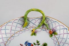 Antique Hand Painted Meissen Leaf-Shaped Dish with Bird Motif, Mid-19th Century